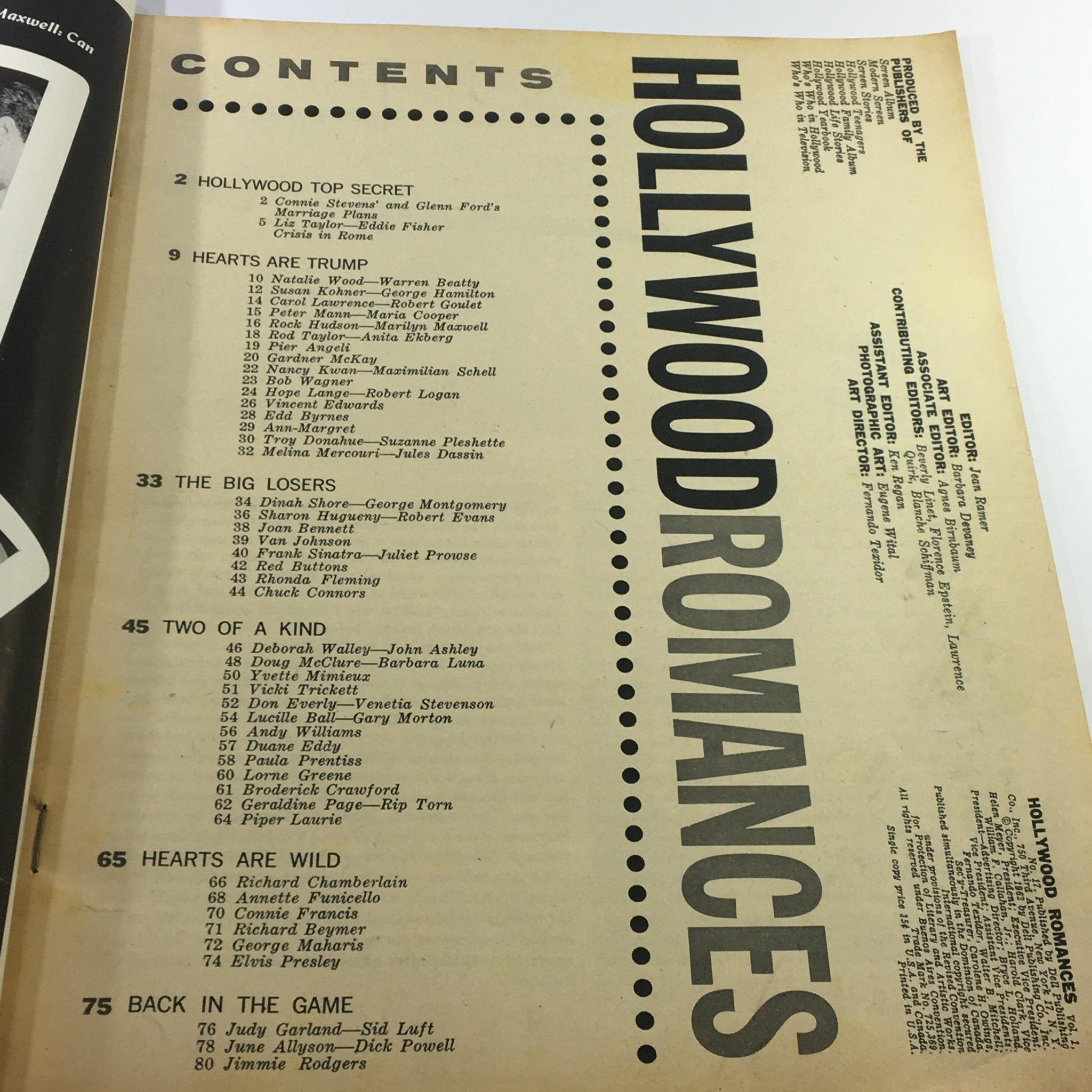 Table of contents page from VTG Hollywood Romances Magazine 1962 No. 17, listing articles and features about Hollywood stars.
