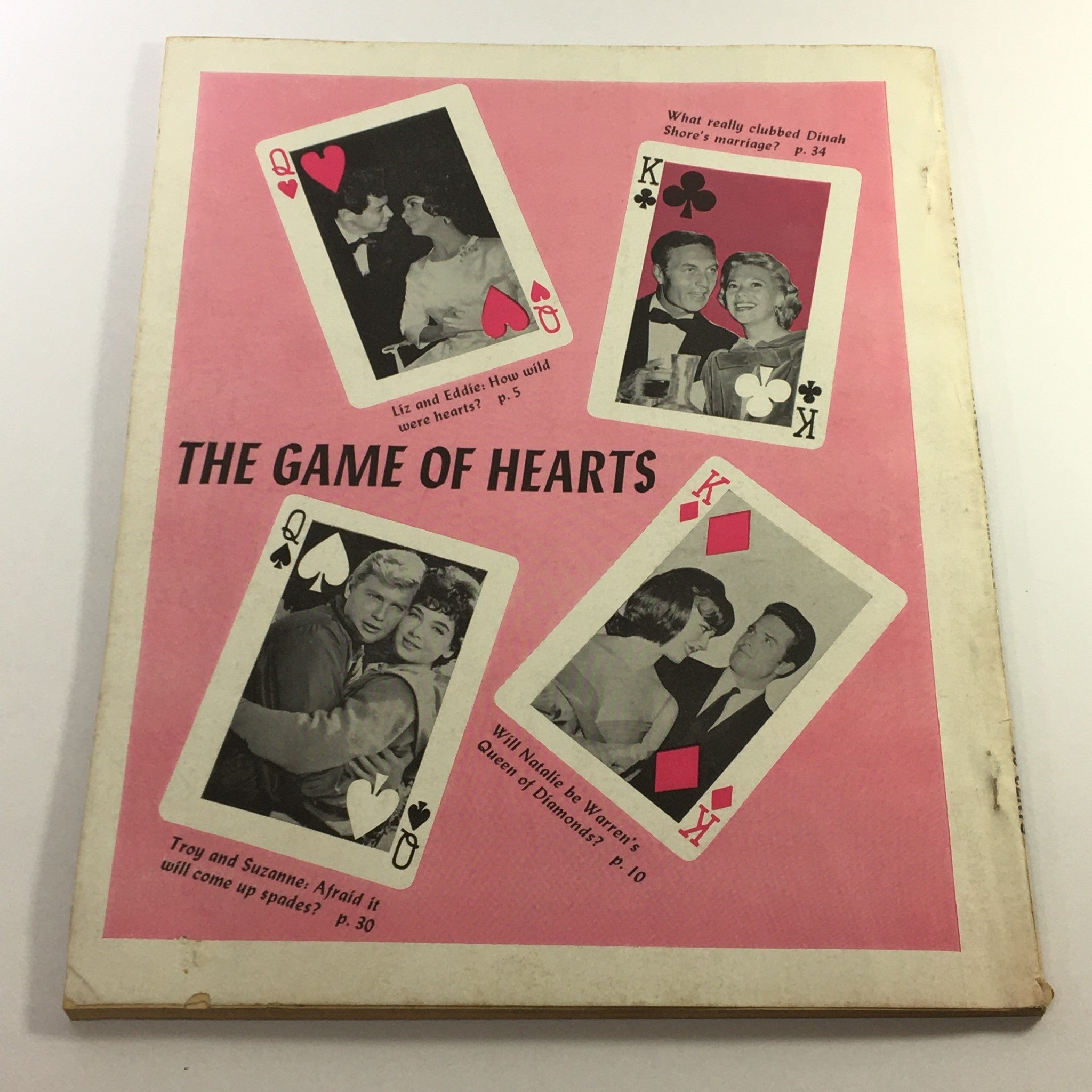 Back cover of VTG Hollywood Romances Magazine 1962 No. 17, titled 'The Game of Hearts' with images of couples and playing cards.