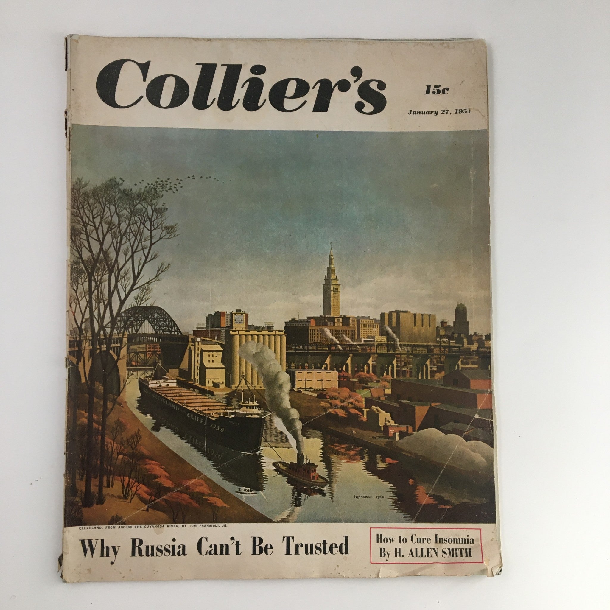VTG Collier's Magazine January 27 1951 cover featuring the title 'Why Russia Can't Be Trusted' with a scenic illustration showcasing a river, ship, and city skyline.