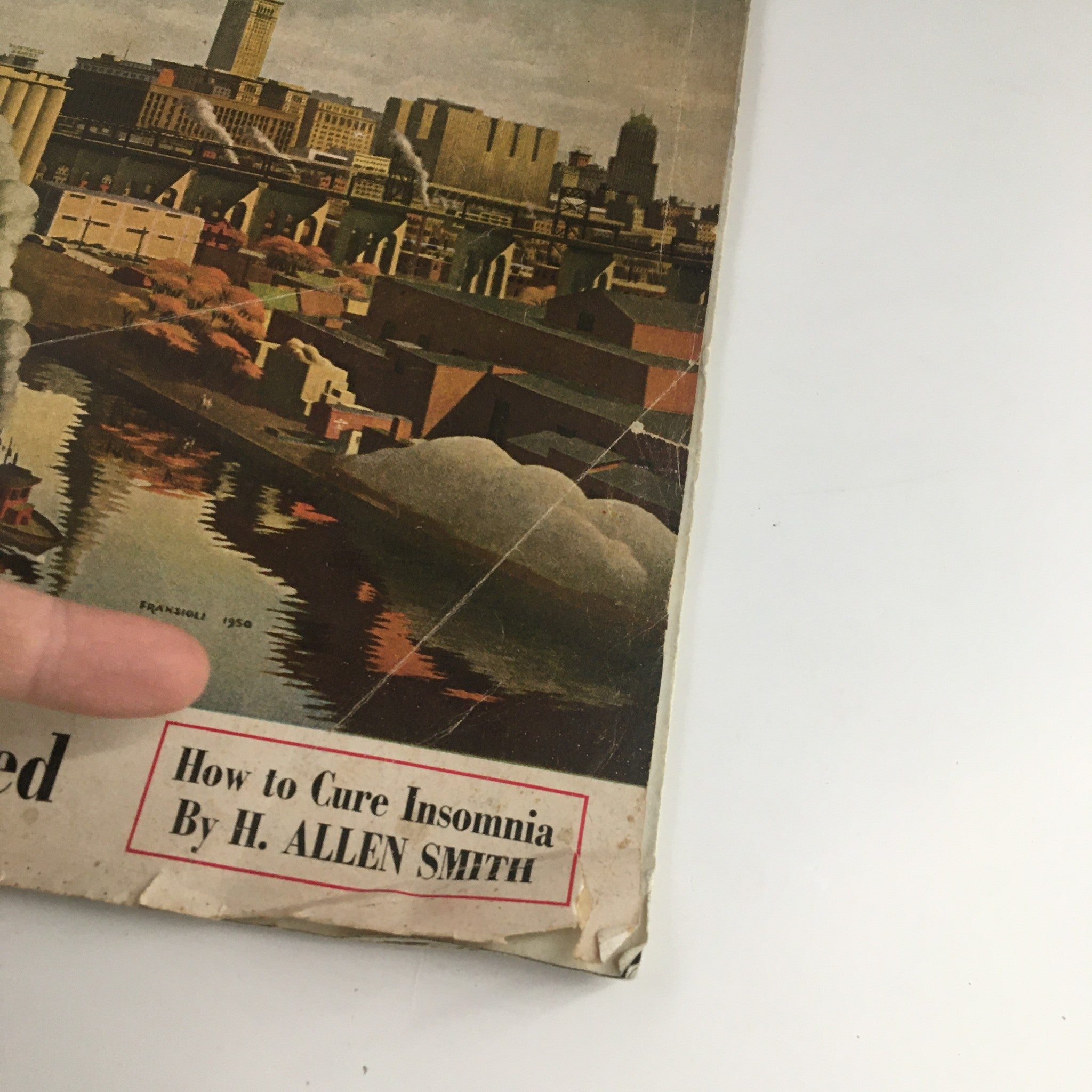 Cover of VTG Collier's Magazine January 27, 1951 showcasing industrial landscape artwork and the article title 'How to Cure Insomnia by H. Allen Smith.'