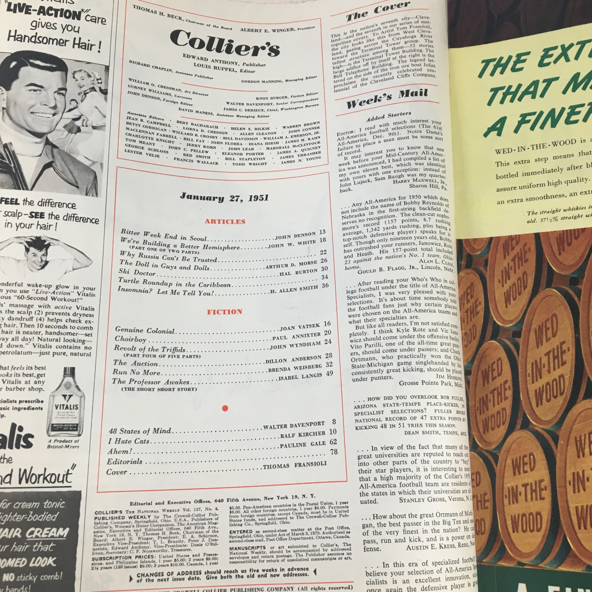 Interior page of VTG Collier's Magazine January 27, 1951 displaying the table of contents with featured articles, including 'Why Russia Can't Be Trusted'.