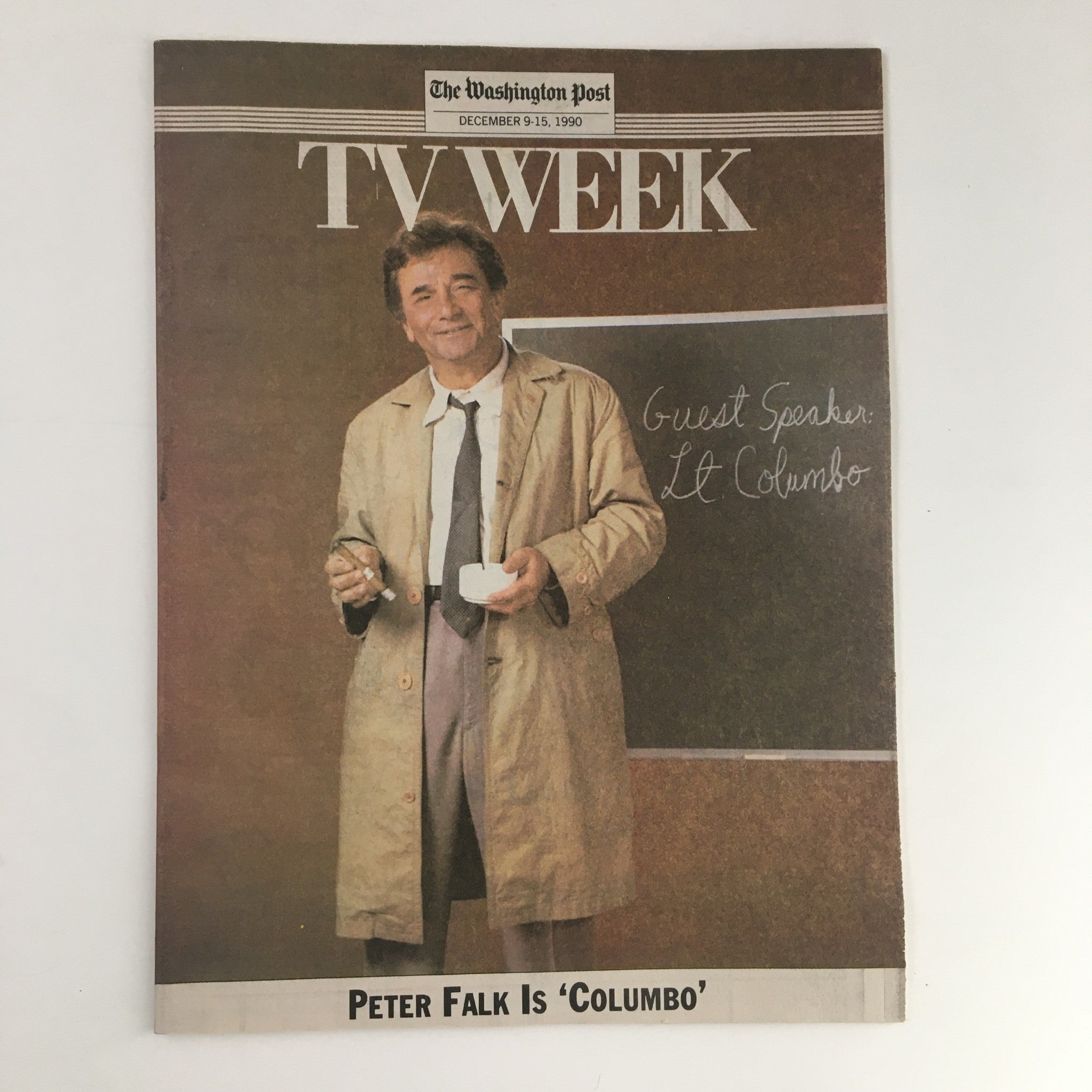 The Washington Post December 1990 edition cover featuring a smiling Peter Falk as Columbo, dressed in his iconic trench coat and holding a prop for a chalkboard lesson, titled 'TV WEEK'.