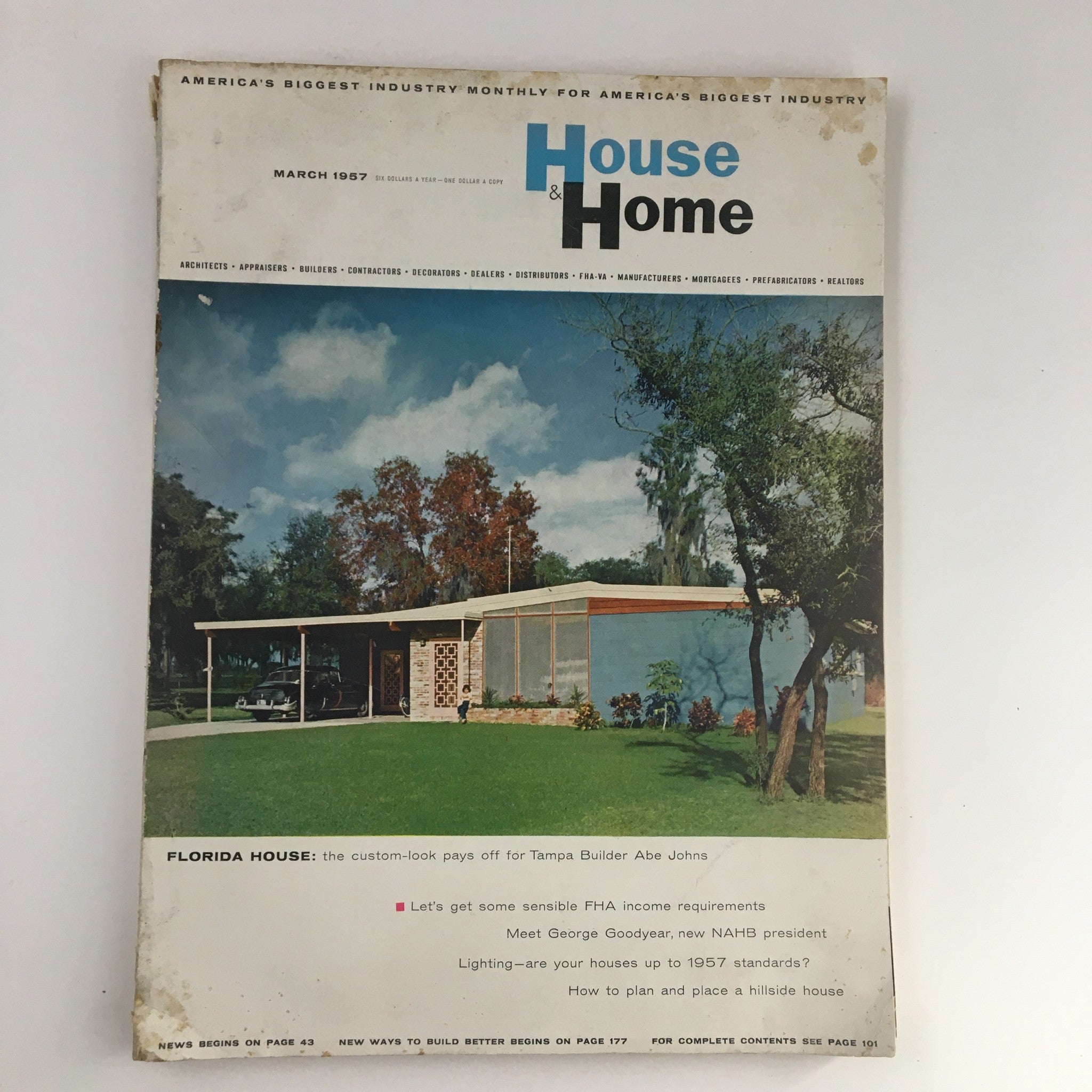 House & Home Magazine March 1957 featuring a Florida House by Tampa Builder Abe Johns, showcasing mid-century architecture with a stunning outdoor view.