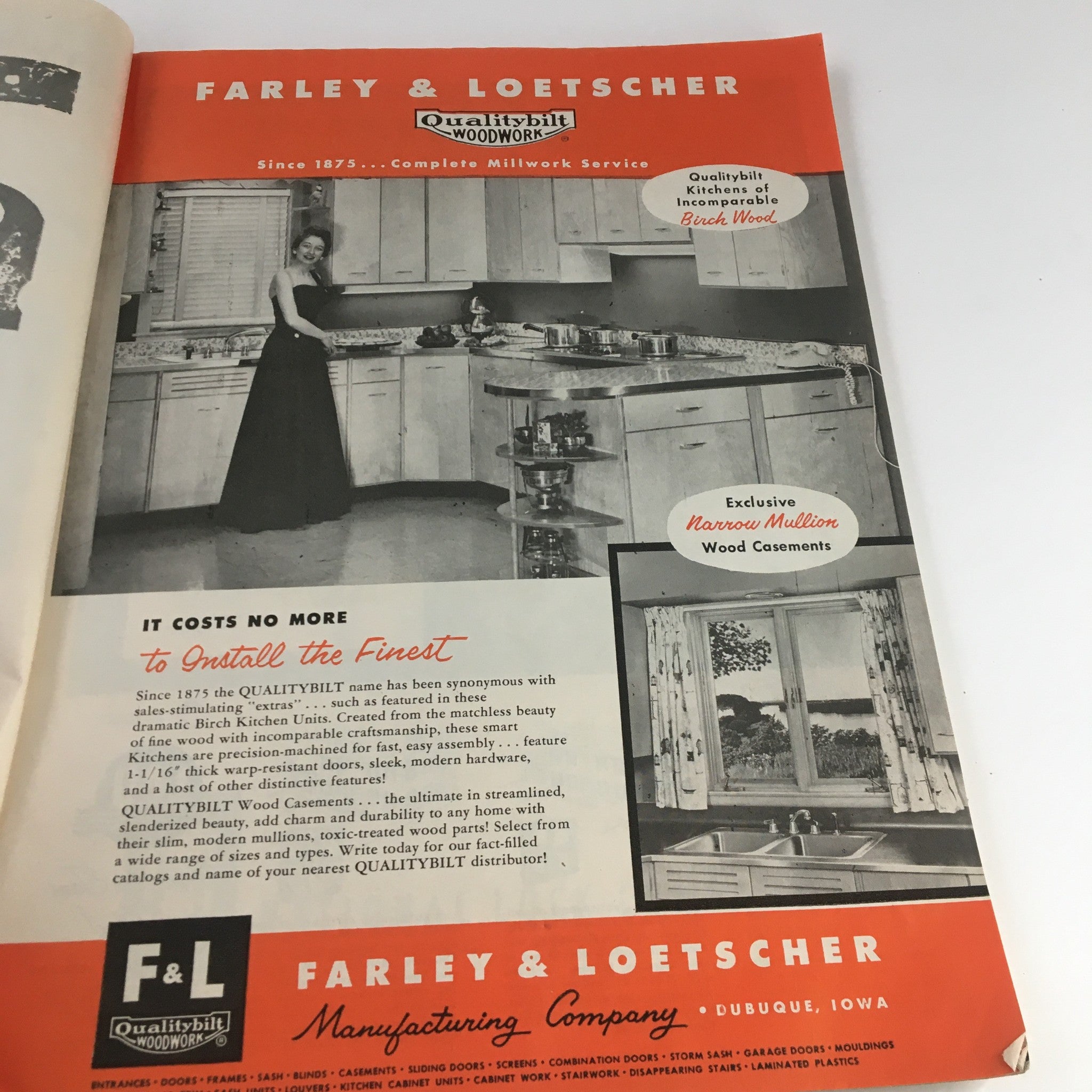Advertisement page from House & Home Magazine March 1957 showcasing a vintage kitchen with a model, promoting Farley & Loetscher's woodwork.