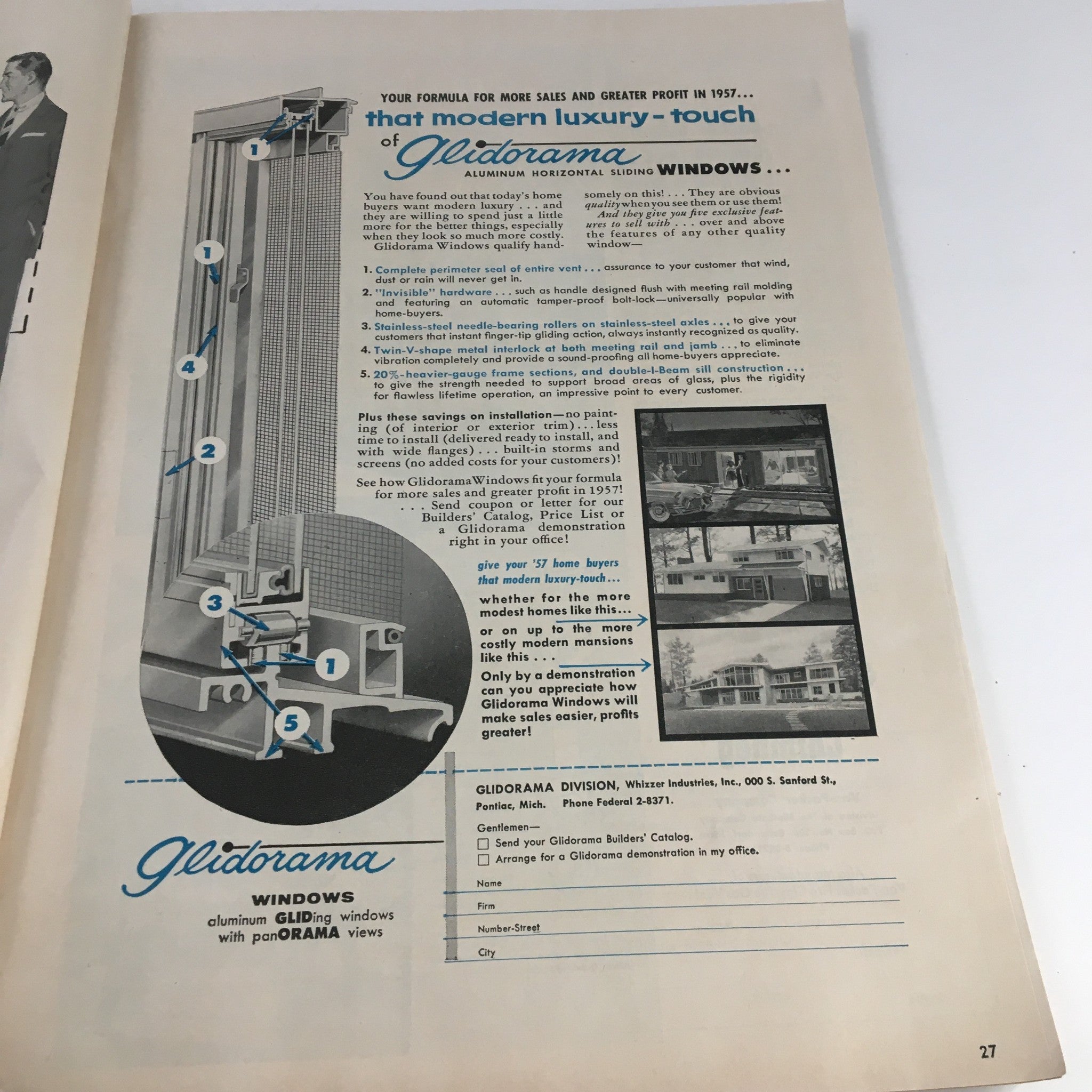 Advertisement for Glidorama Windows in House & Home Magazine March 1957, featuring details on aluminum sliding windows.