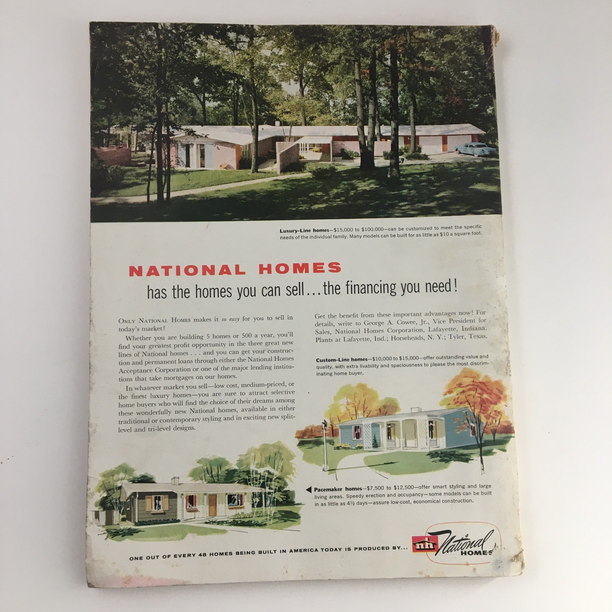Back cover of House & Home Magazine March 1957 featuring advertisement for National Homes with descriptions of luxury and custom home designs, showcasing the architectural styles and financing options available in mid-century America.