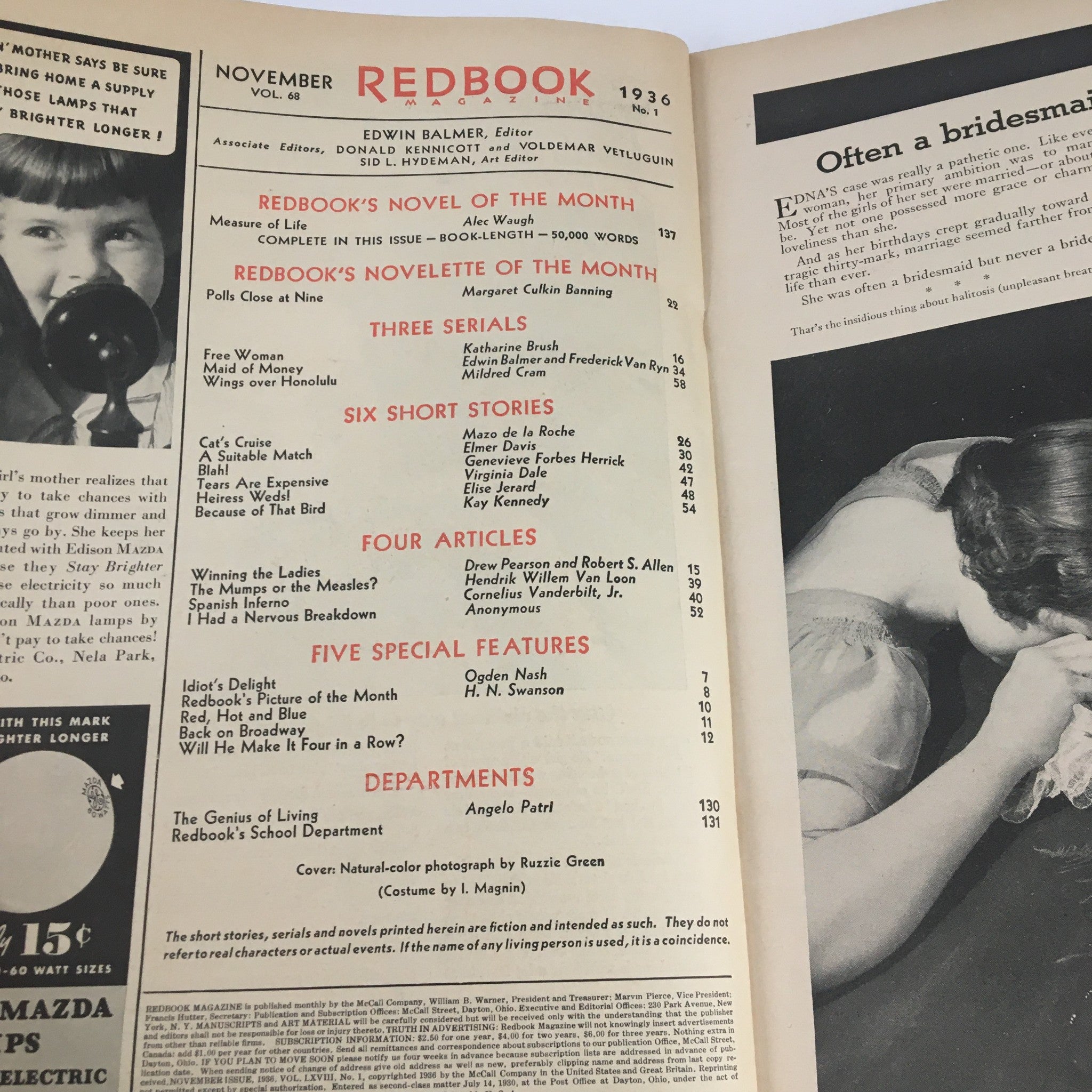 VTG Redbook Magazine November 1936 Free Woman A Challenging Story Today No Label