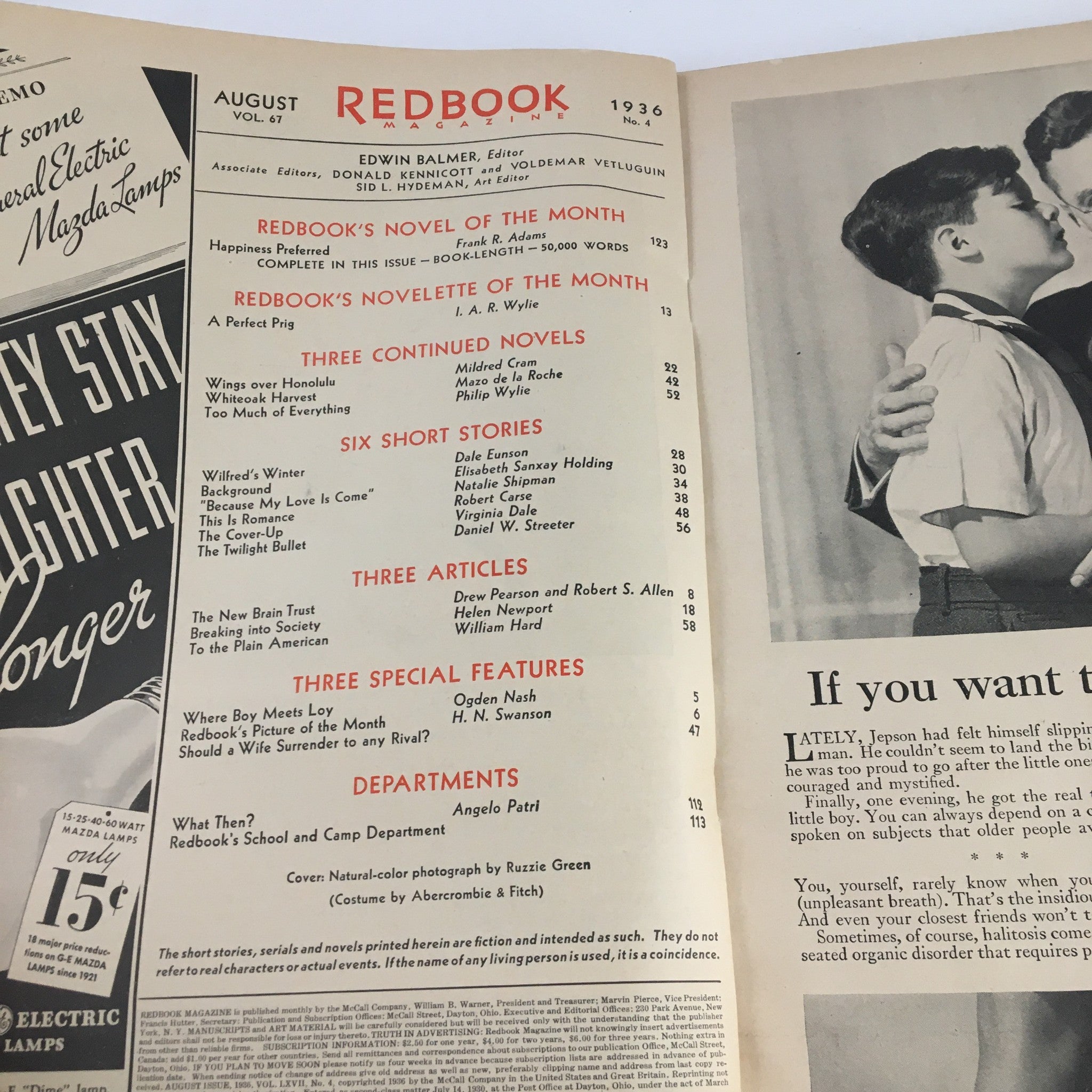 Inside pages of VTG Redbook Magazine August 1936 showing the table of contents and feature articles, including the notable piece 'Should a Wife Surrender to Any Rival?'.