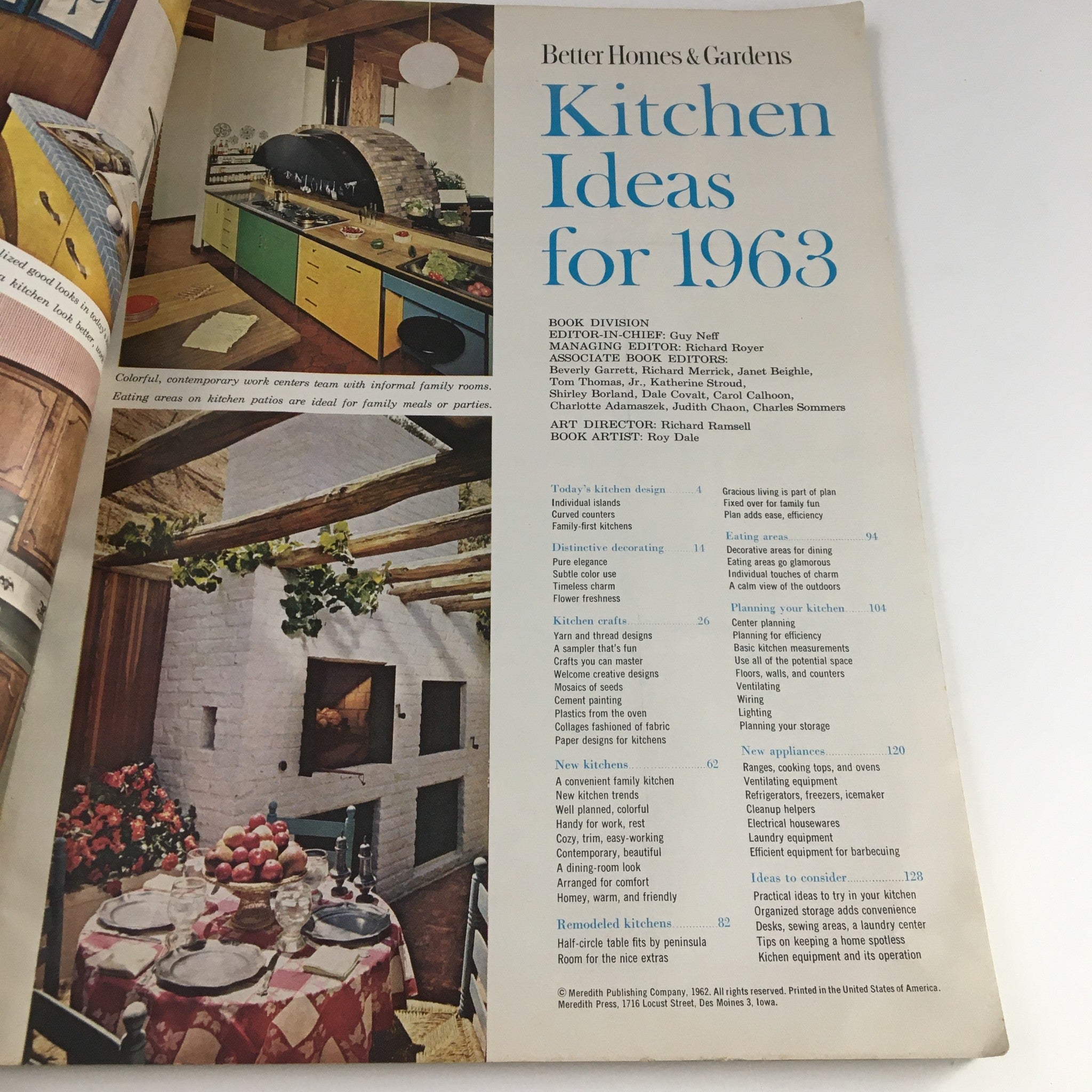 Interior page of Better Homes & Gardens Magazine Kitchen Ideas for 1963, featuring colorful kitchen designs and layout ideas for modern living.
