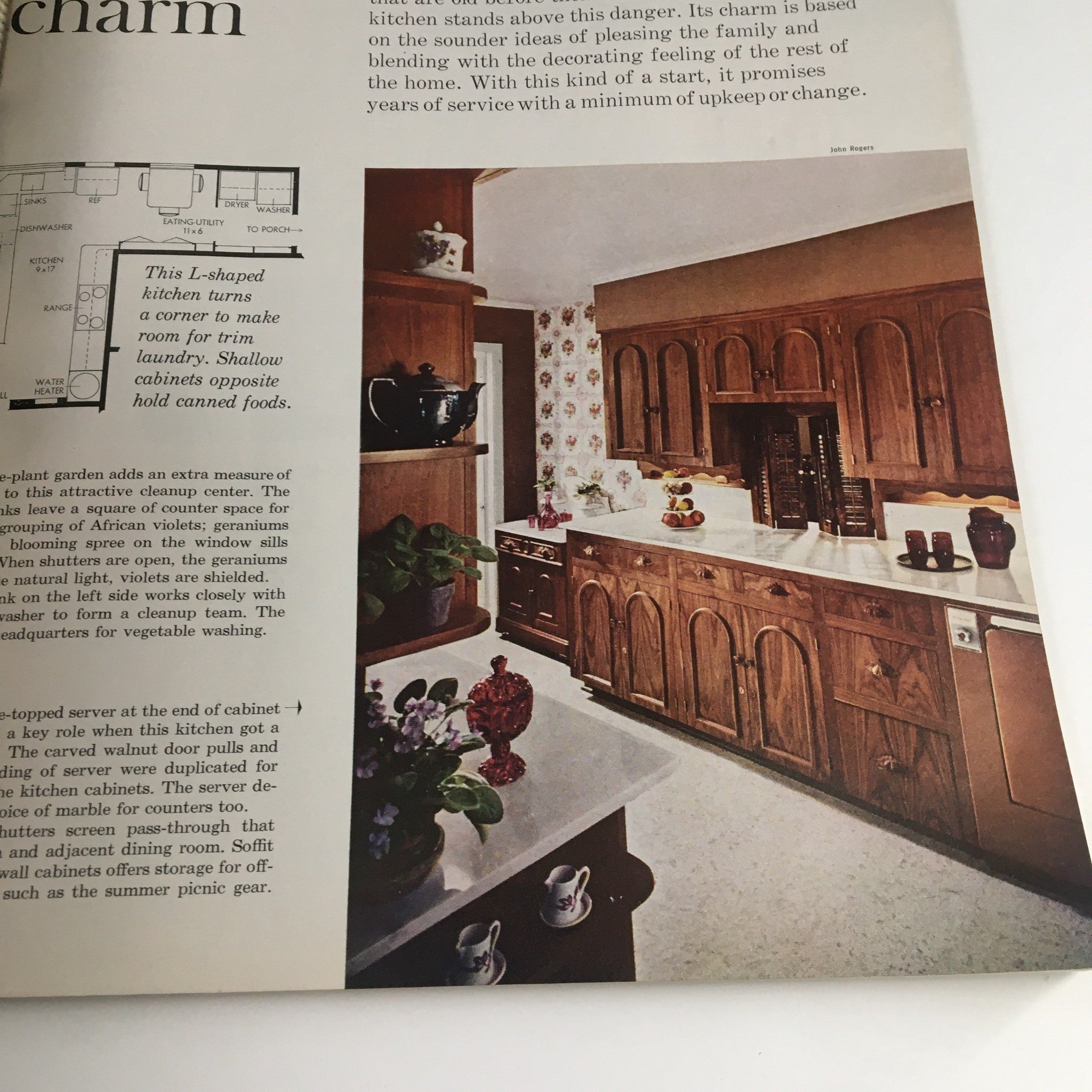 Better Homes & Gardens Magazine Kitchen Ideas 1963 - An L-shaped kitchen design featuring elegant wood cabinets and space for plant decor, inspired by the 1960s aesthetic.