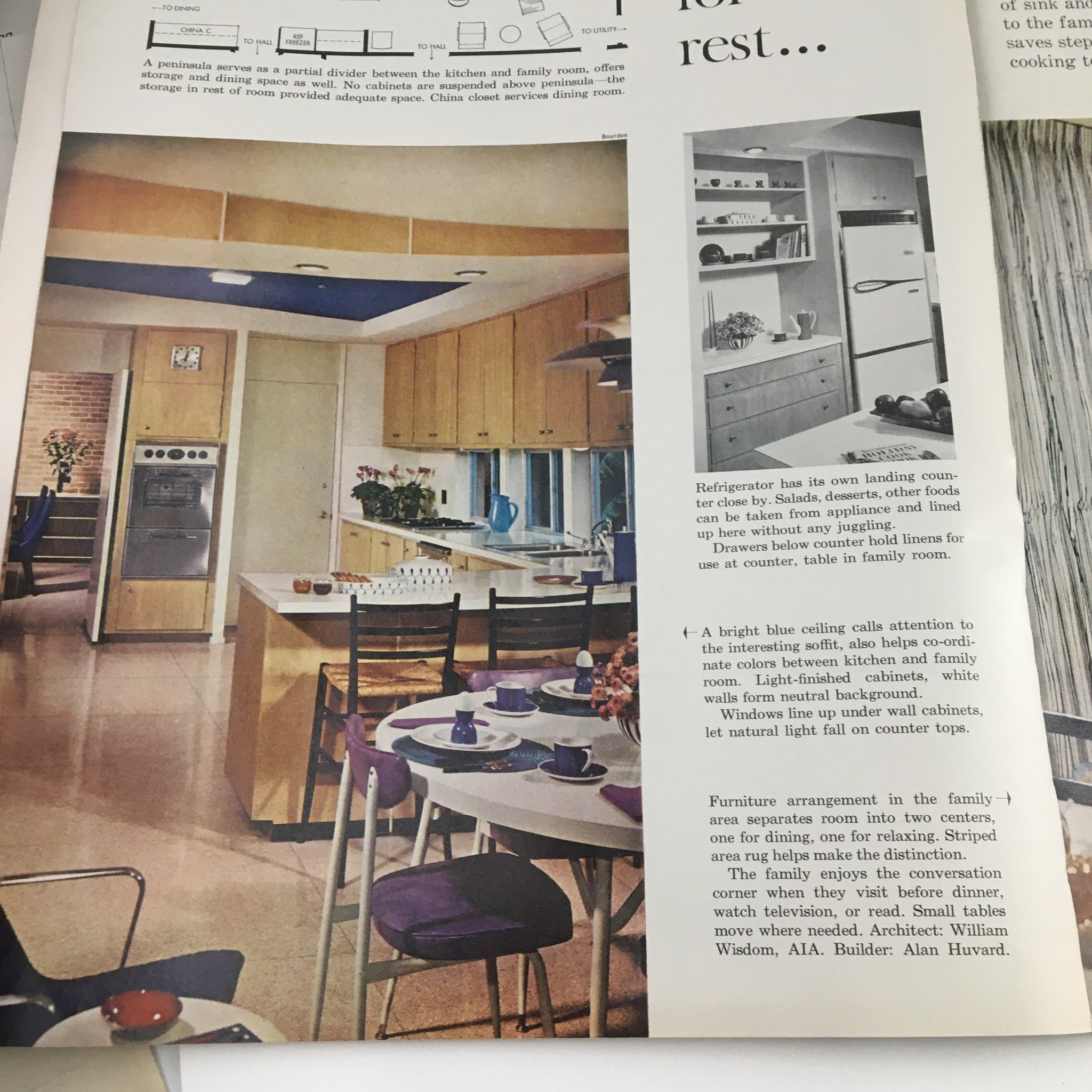 Kitchen interior design from Better Homes & Gardens Magazine featuring 1963 kitchen ideas, showcasing a bright blue ceiling and modern appliances for mid-century family living.