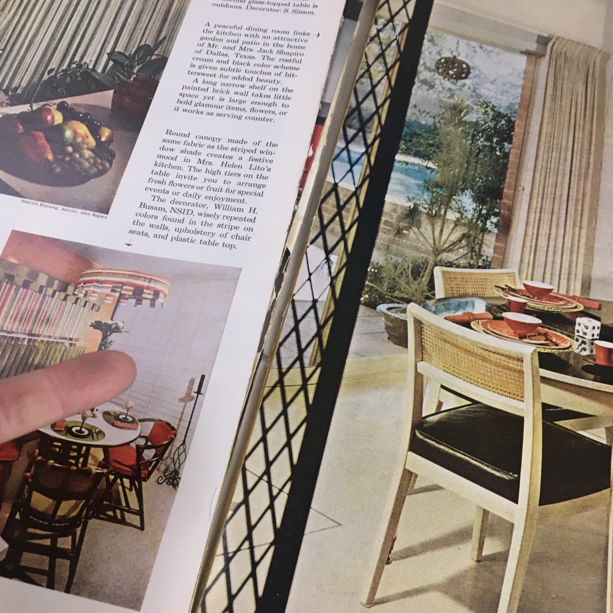 Dining area layout from Better Homes & Gardens Magazine highlighting 1963 kitchen ideas, featuring colorful décor and unique dining table design.