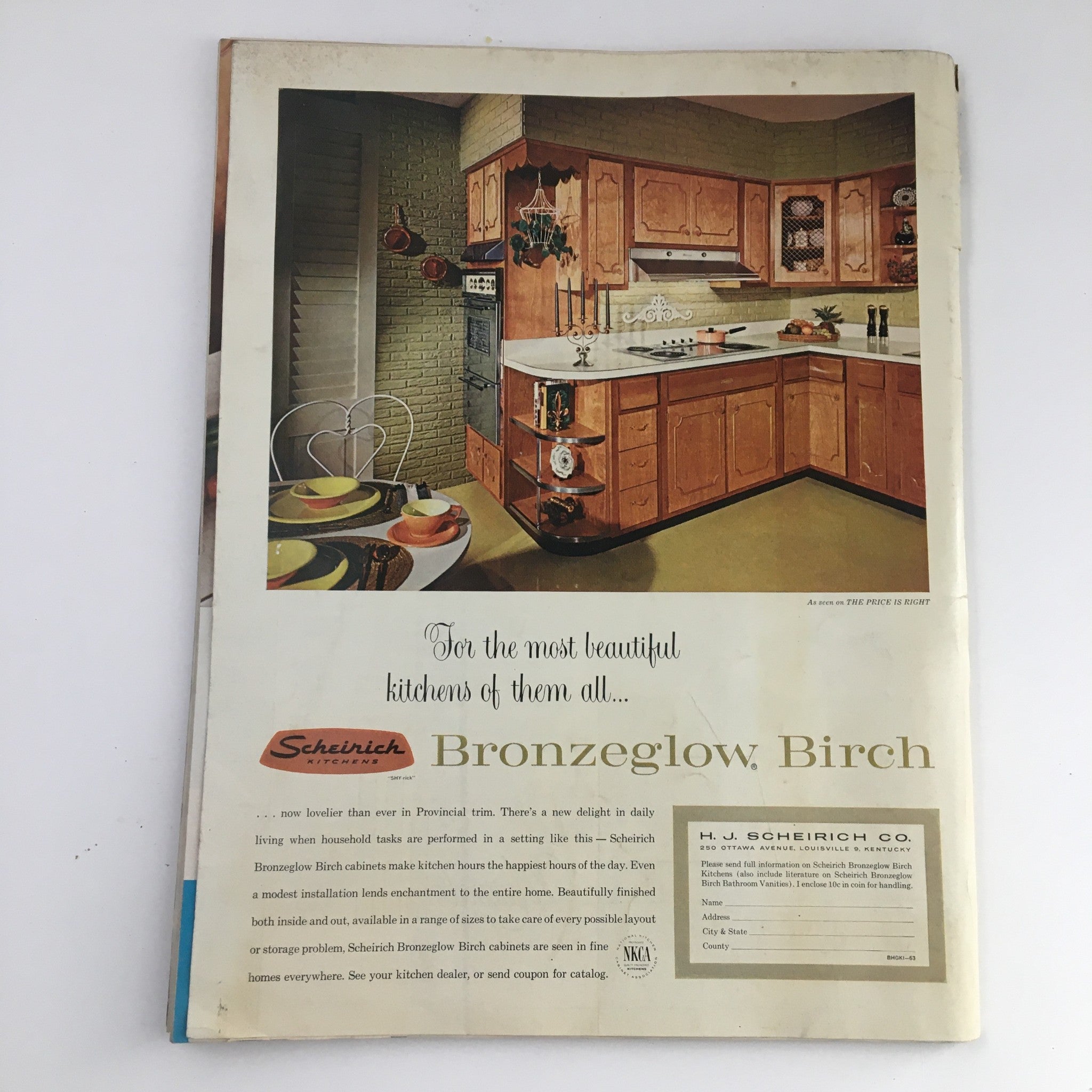 Vintage kitchen advertisement from Better Homes & Gardens Magazine demonstrating 1963 kitchen ideas, featuring Scheirich Bronzeglow Birch cabinets and stylish dining setup.