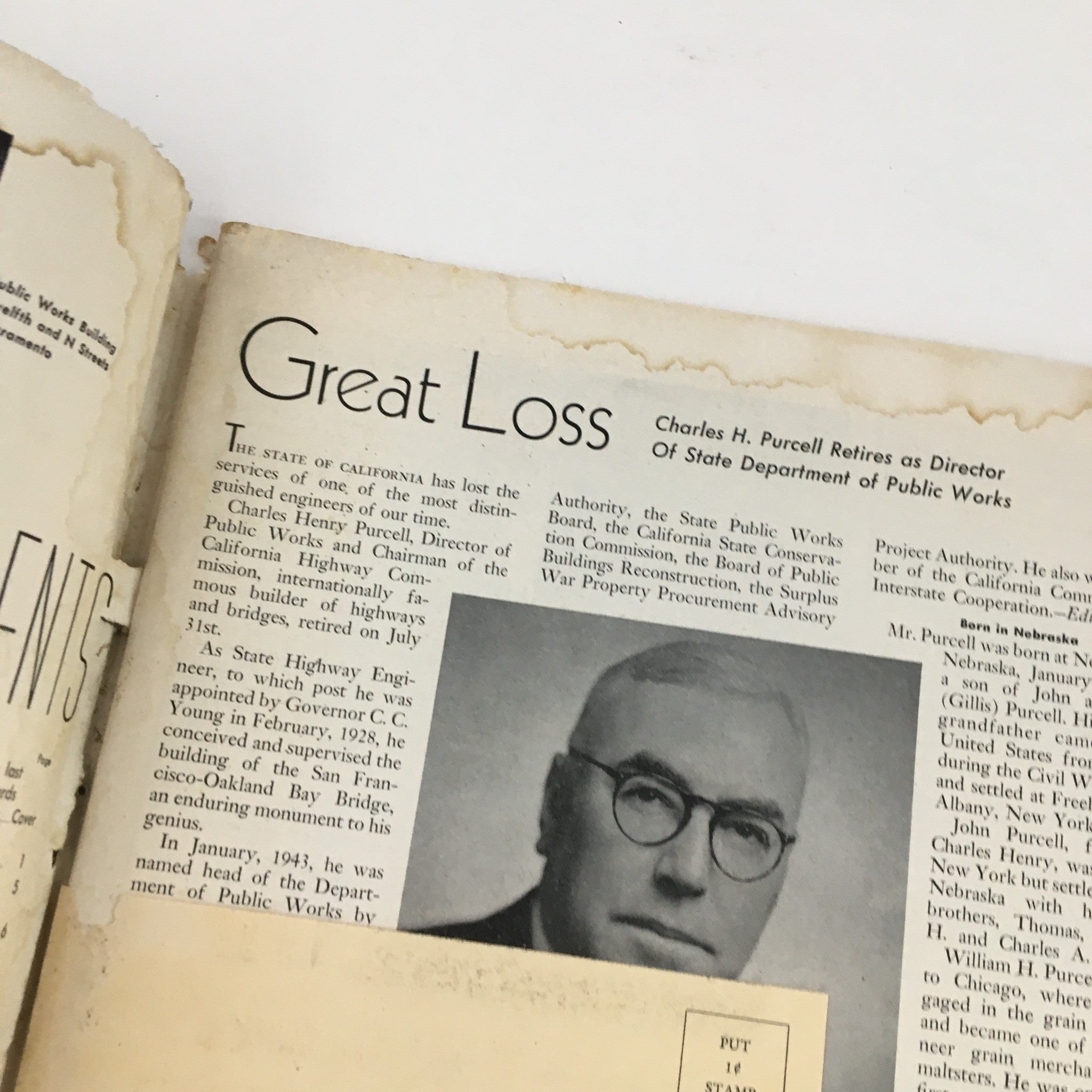 Inside page of the California Highways and Public Works July 1951 magazine with an article titled 'Great Loss' discussing the retirement of Charles H. Purcell from Public Works.