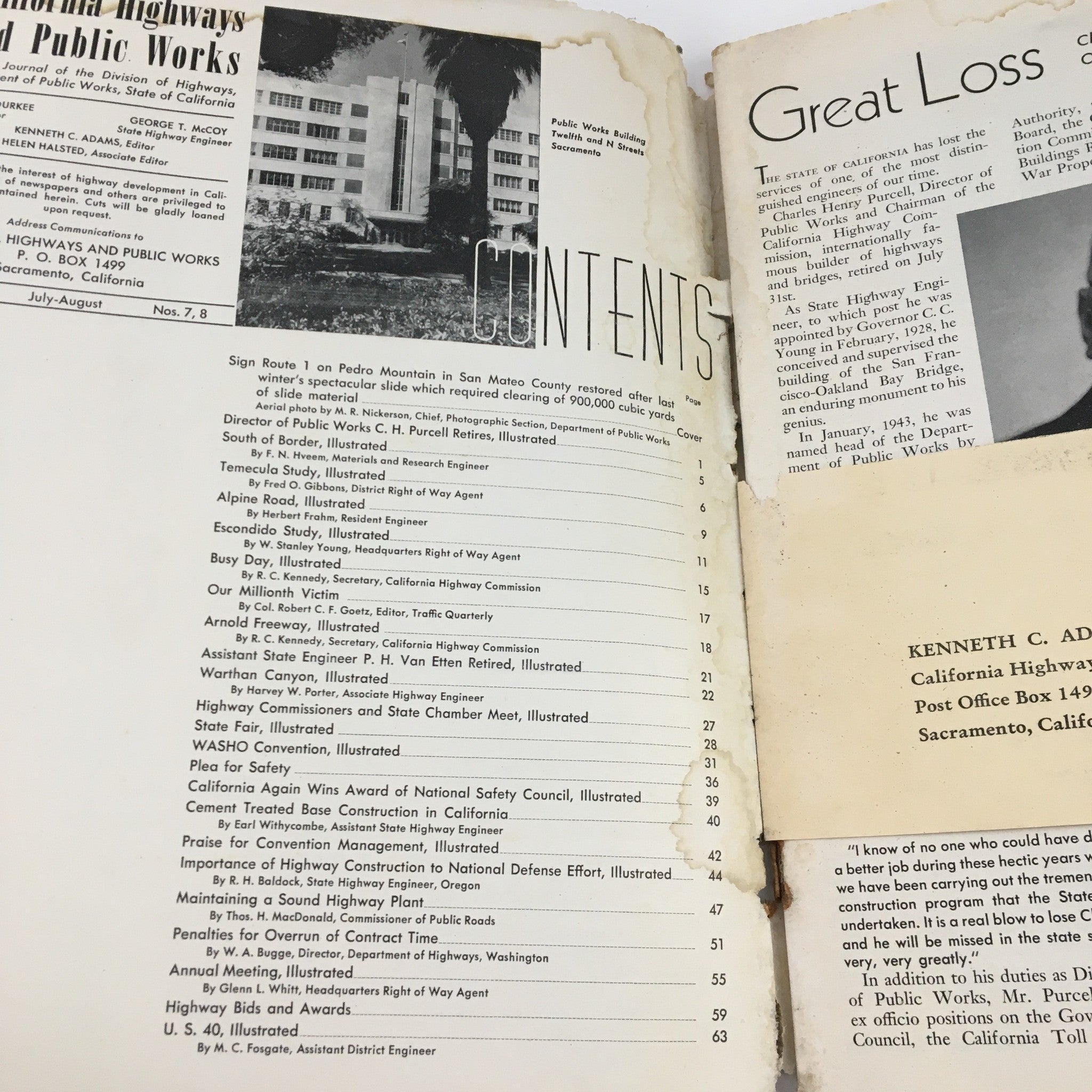 Interior view of California Highways and Public Works July 1951 magazine showing table of contents and articles including Sign Route 1 on Pedro Mountain.