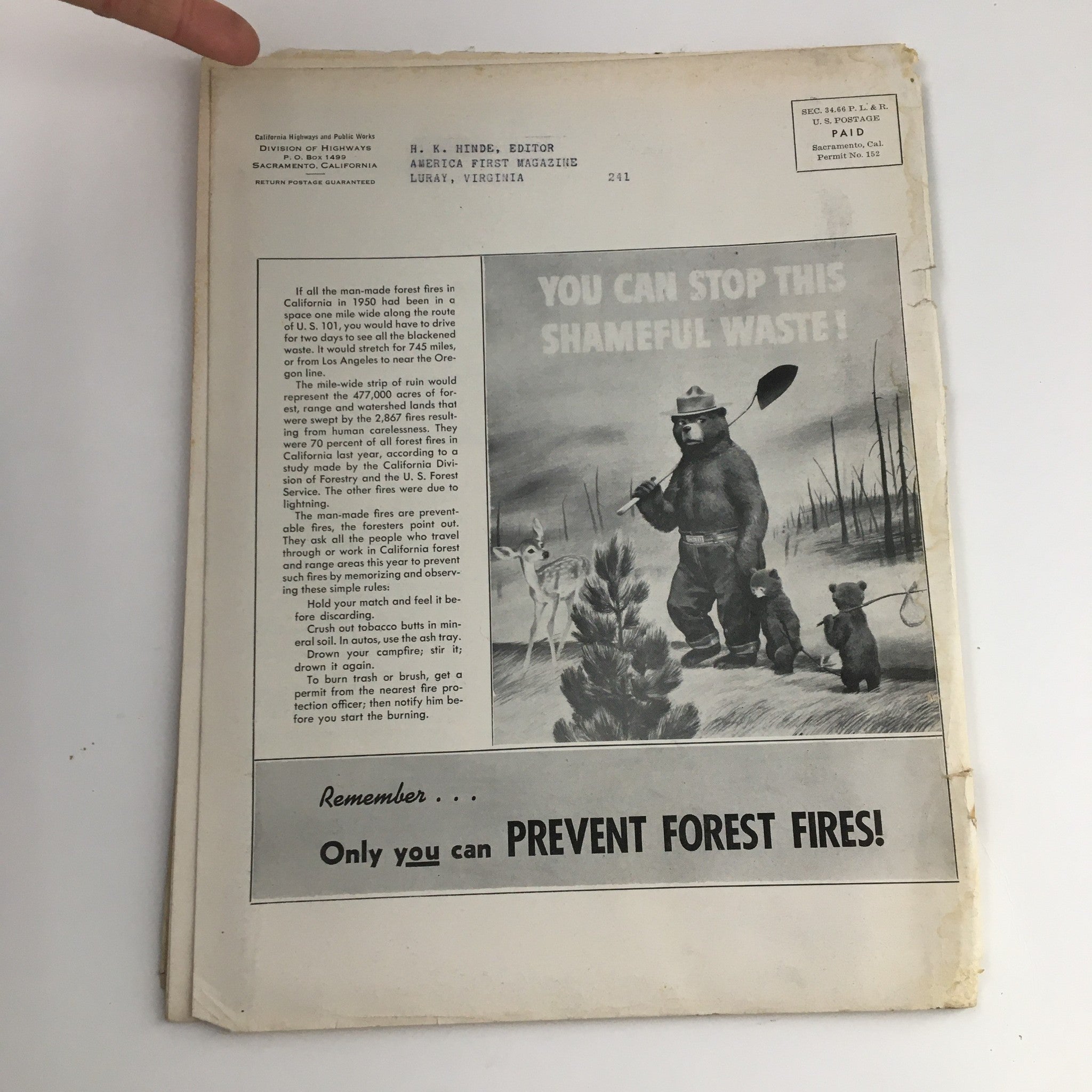Back cover of California Highways and Public Works July 1951 magazine featuring a warning against forest fires with a bear illustration promoting fire prevention.