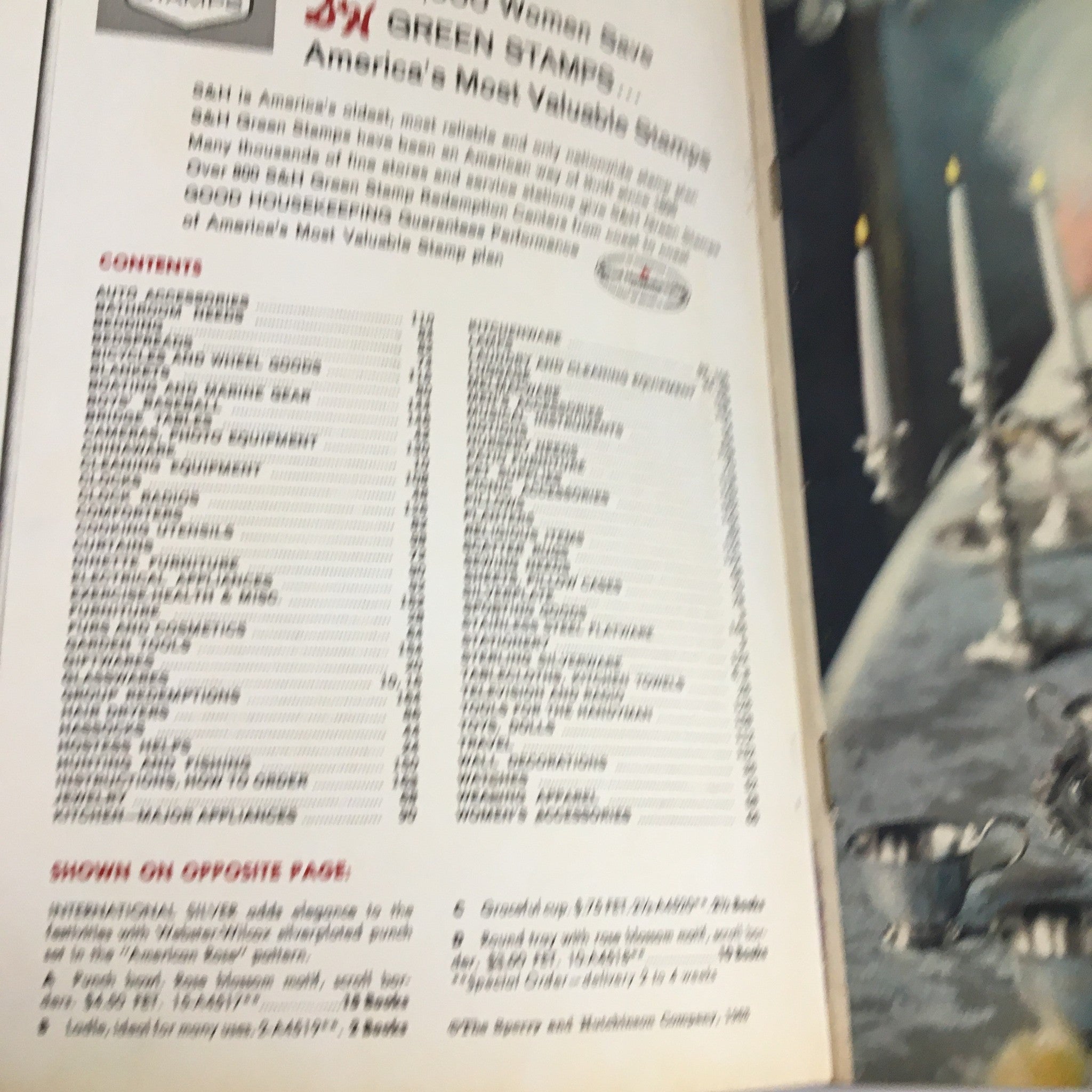 Inside page of S&H Green Stamps Distinguished Merchandise 1963 containing a detailed table of contents highlighting various categories and products available through Green Stamps.