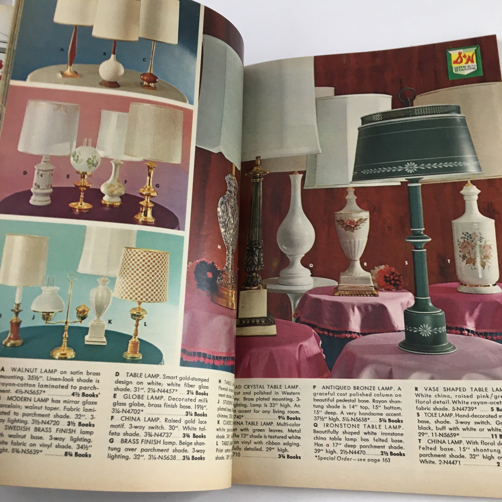 Page from S&H Green Stamps Distinguished Merchandise 1963 featuring an array of lamps with descriptions and prices, ideal for home decor enthusiasts.