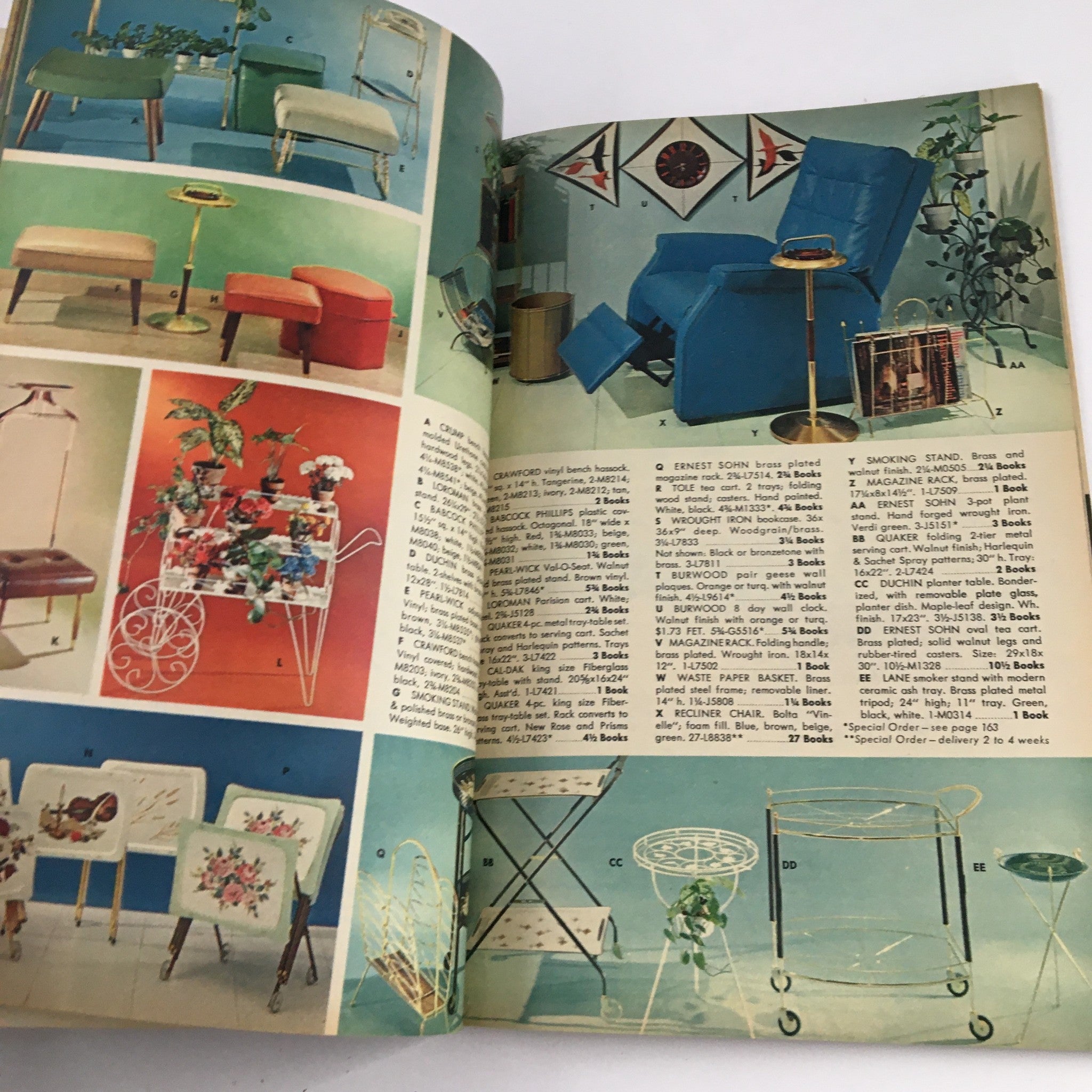 Page from S&H Green Stamps Distinguished Merchandise 1963 illustrating various furniture items and decorative accessories, featuring vibrant colors and mid-century design.