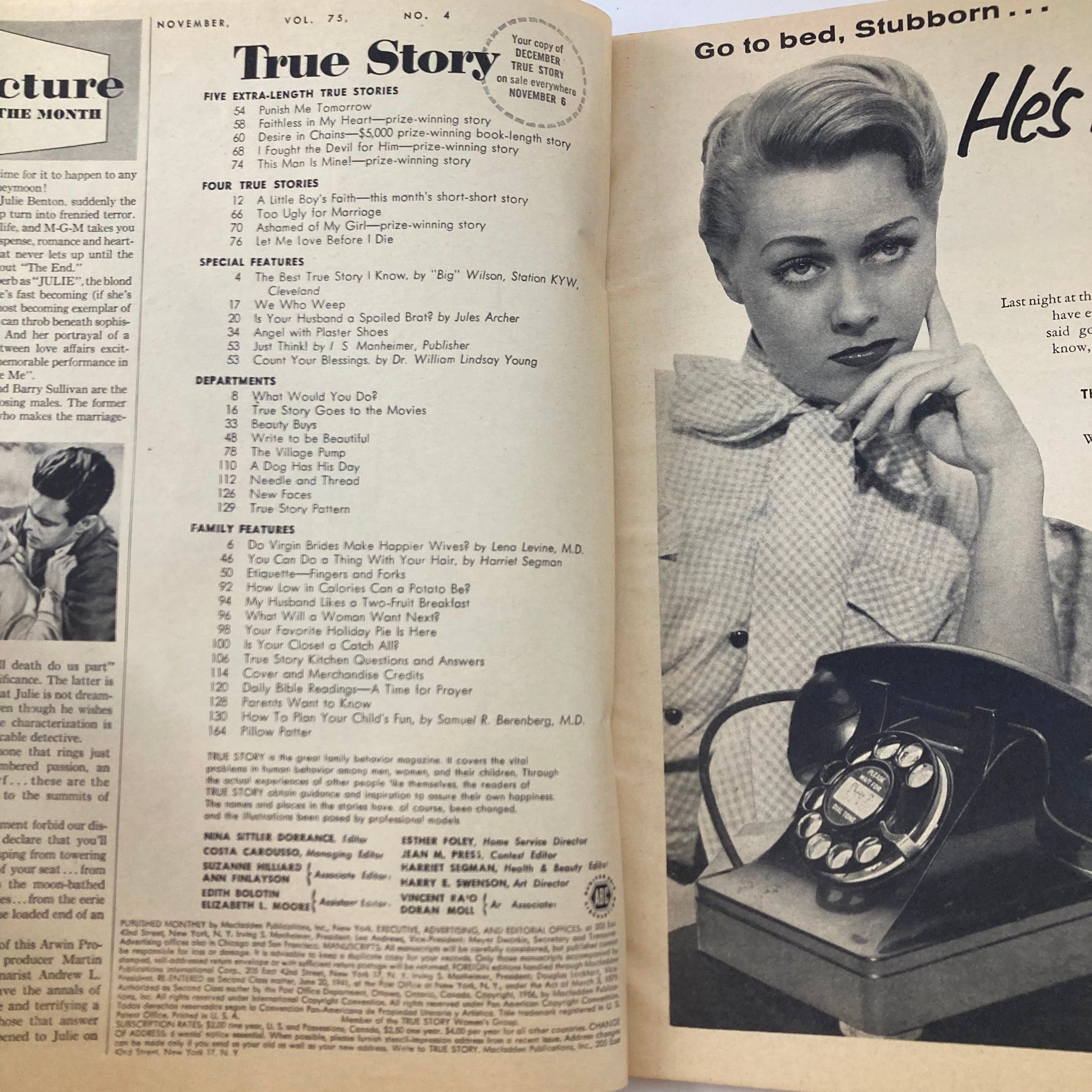 VTG True Story Magazine November 1956 Vol 75 No. 4 I Fought The Devil For Him