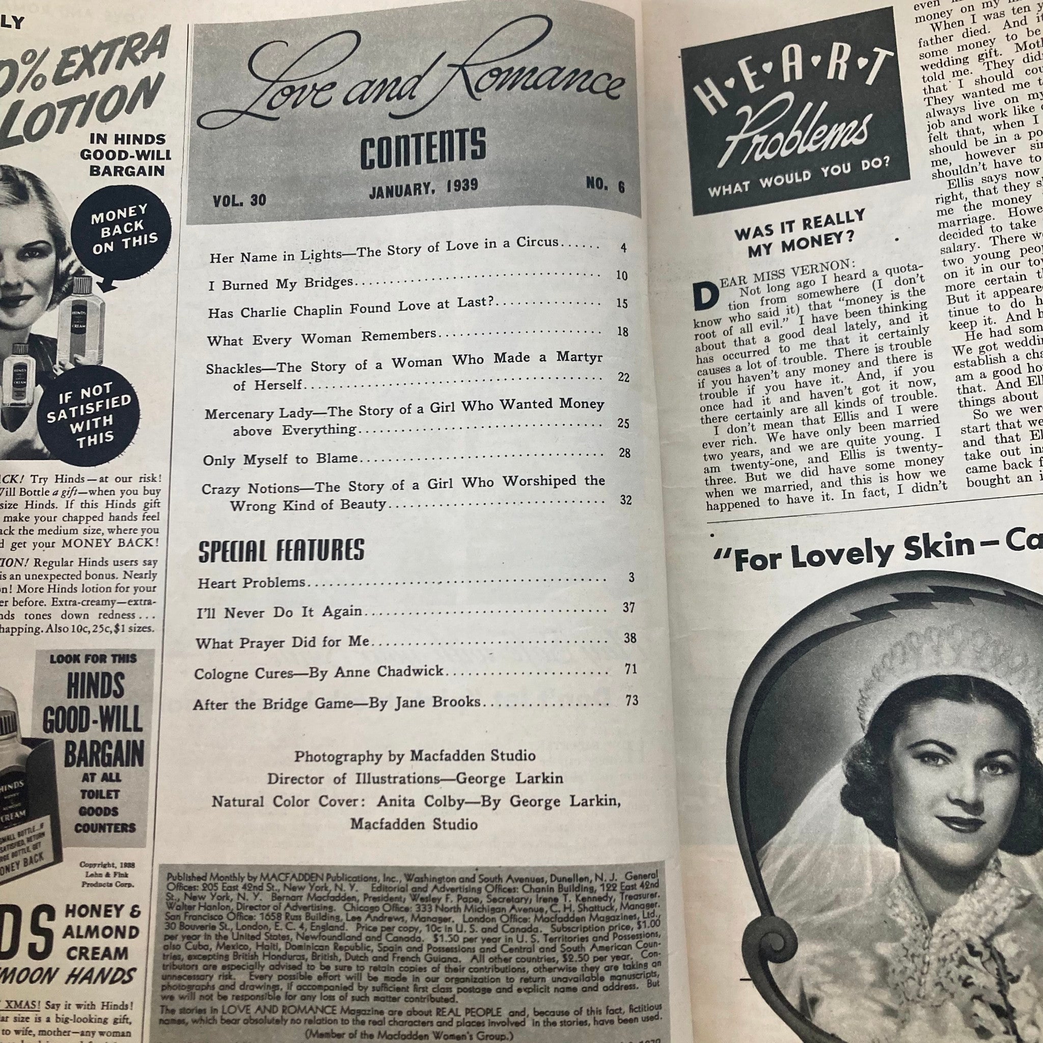 VTG Love and Romance Magazine January 1939 Her Name in Lights No Label