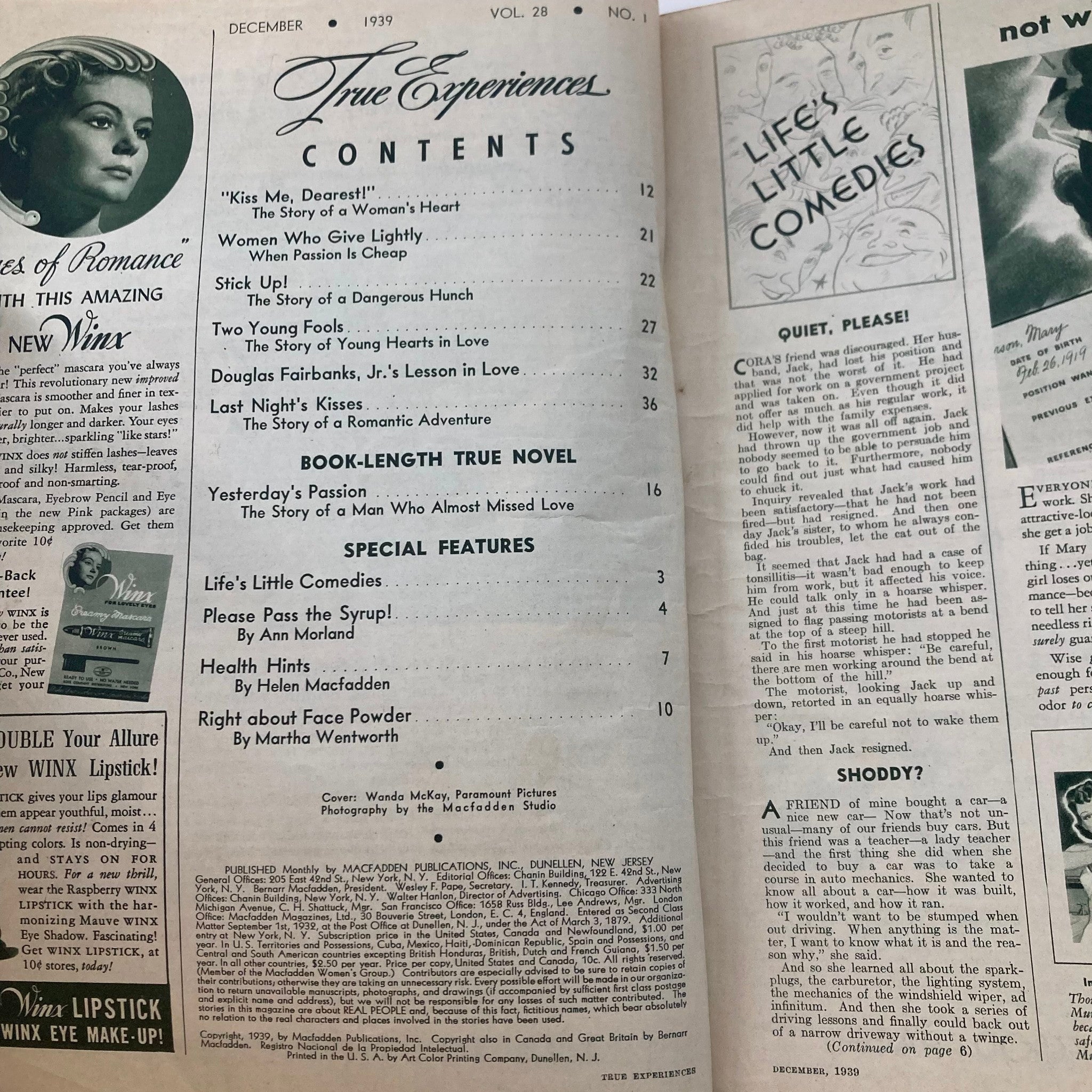 VTG True Experiences Magazine December 1939 Yesterday's Passion No Label