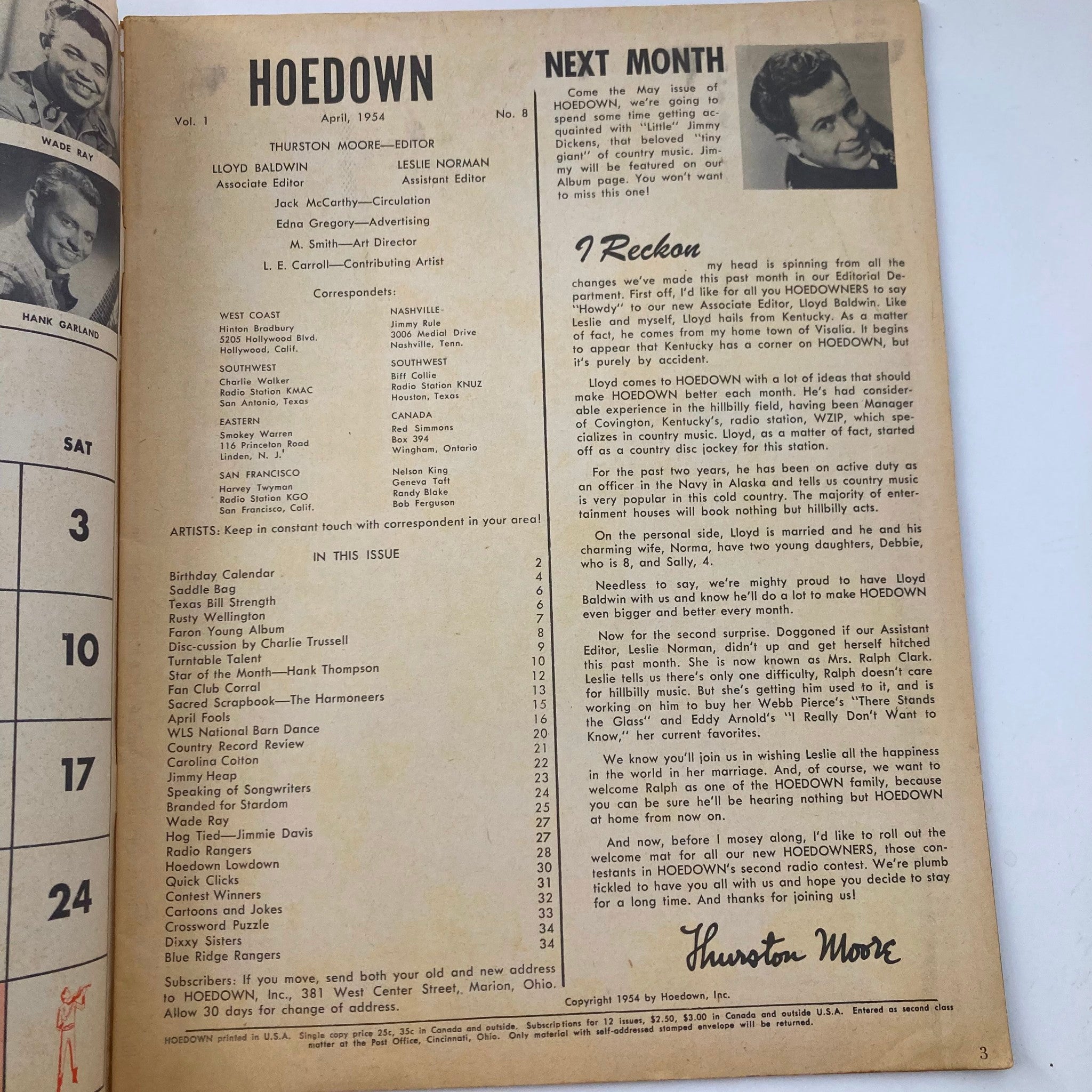 VTG Hoedown Magazine April 1954 Vol 1 No. 8 Homer and Jethro No Label