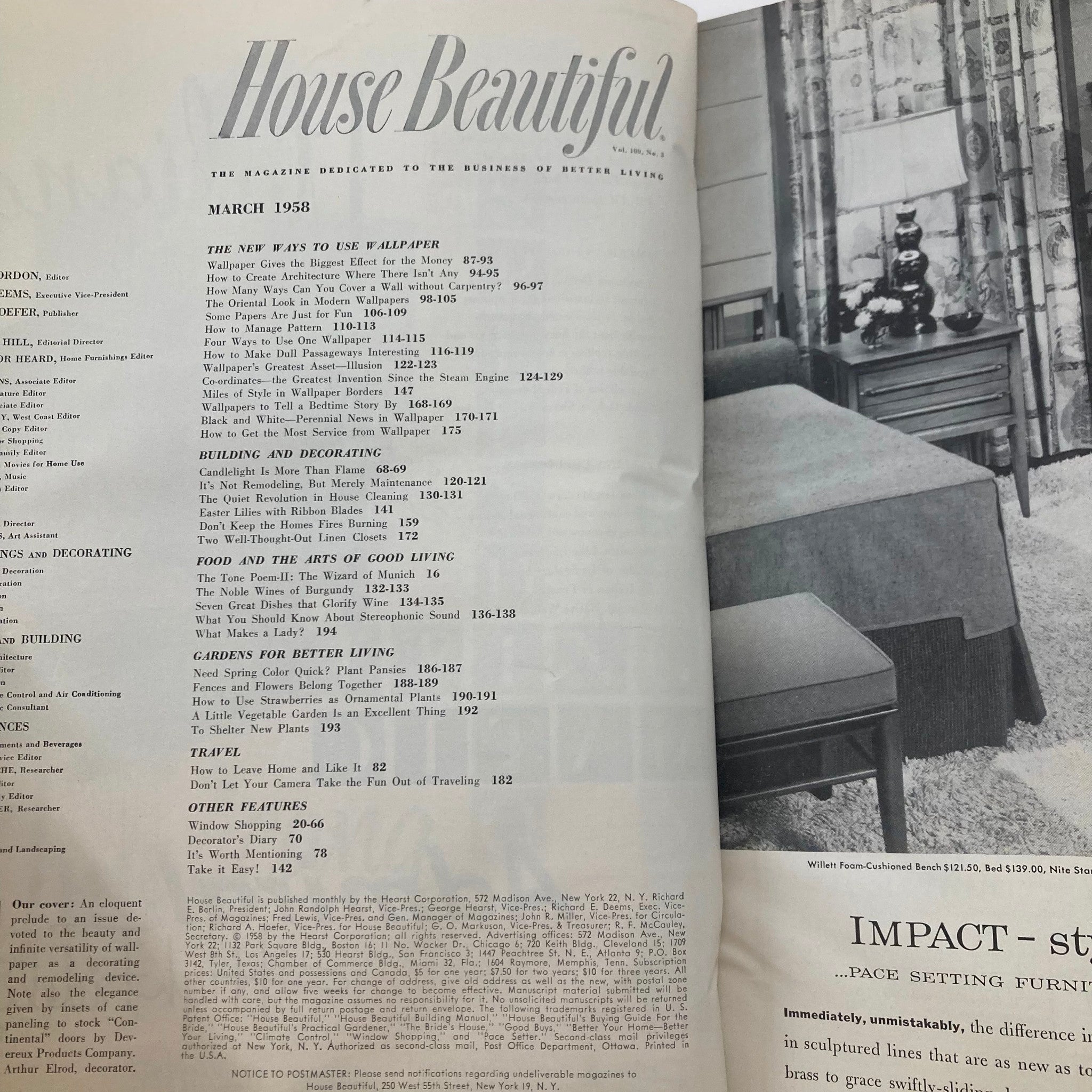 House Beautiful Magazine March 1958 Oriental Look in Modern Wallpaper No Label