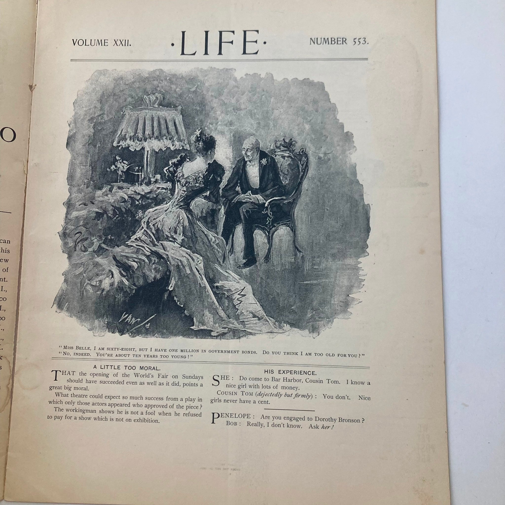 VTG Life Magazine August 3 1893 Vol 22 No. 553 As He Understands It No Label