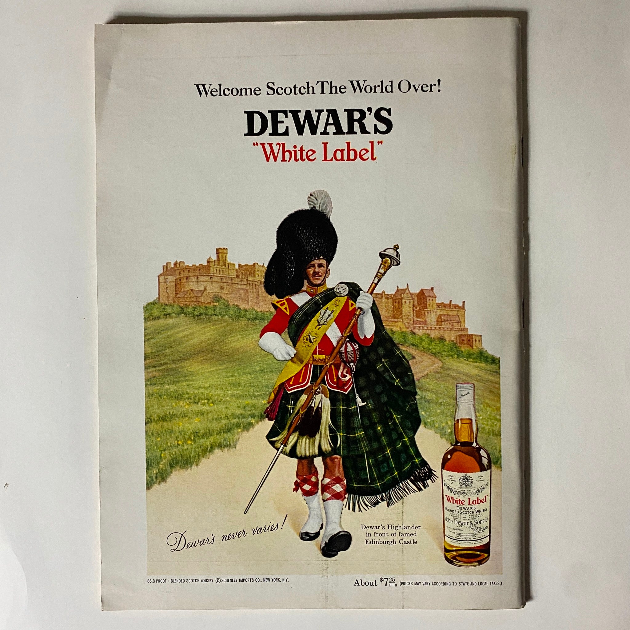 Ad for Dewar's White Label Scotch, showcasing a Highlander in front of Edinburgh Castle, featured in The New Yorker Complete Magazine August 26, 1967.
