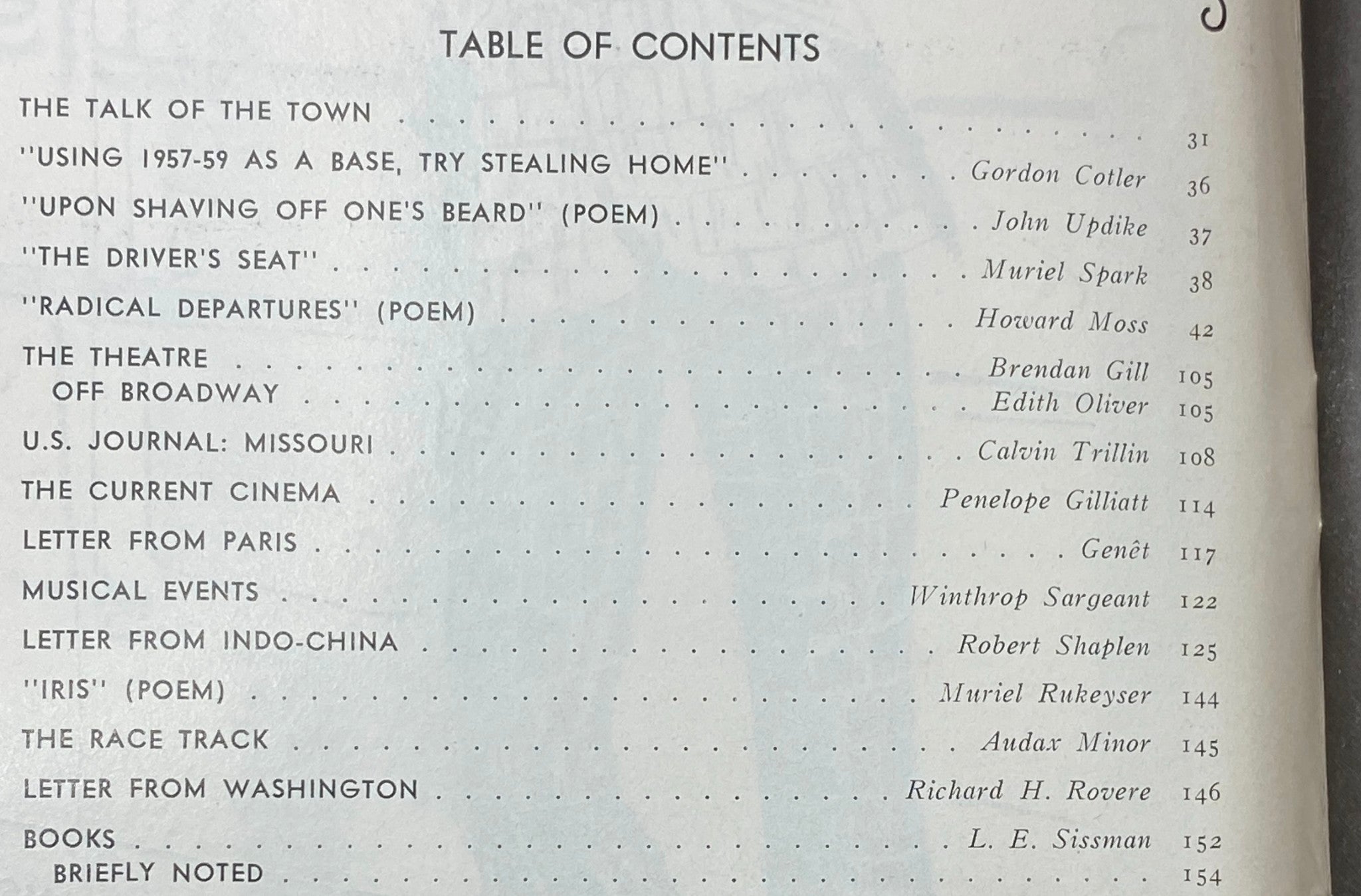 Table of contents from The New Yorker magazine, May 16, 1970, listing articles and poems including works by Gordon Cotler, John Updike, and Muriel Spark.