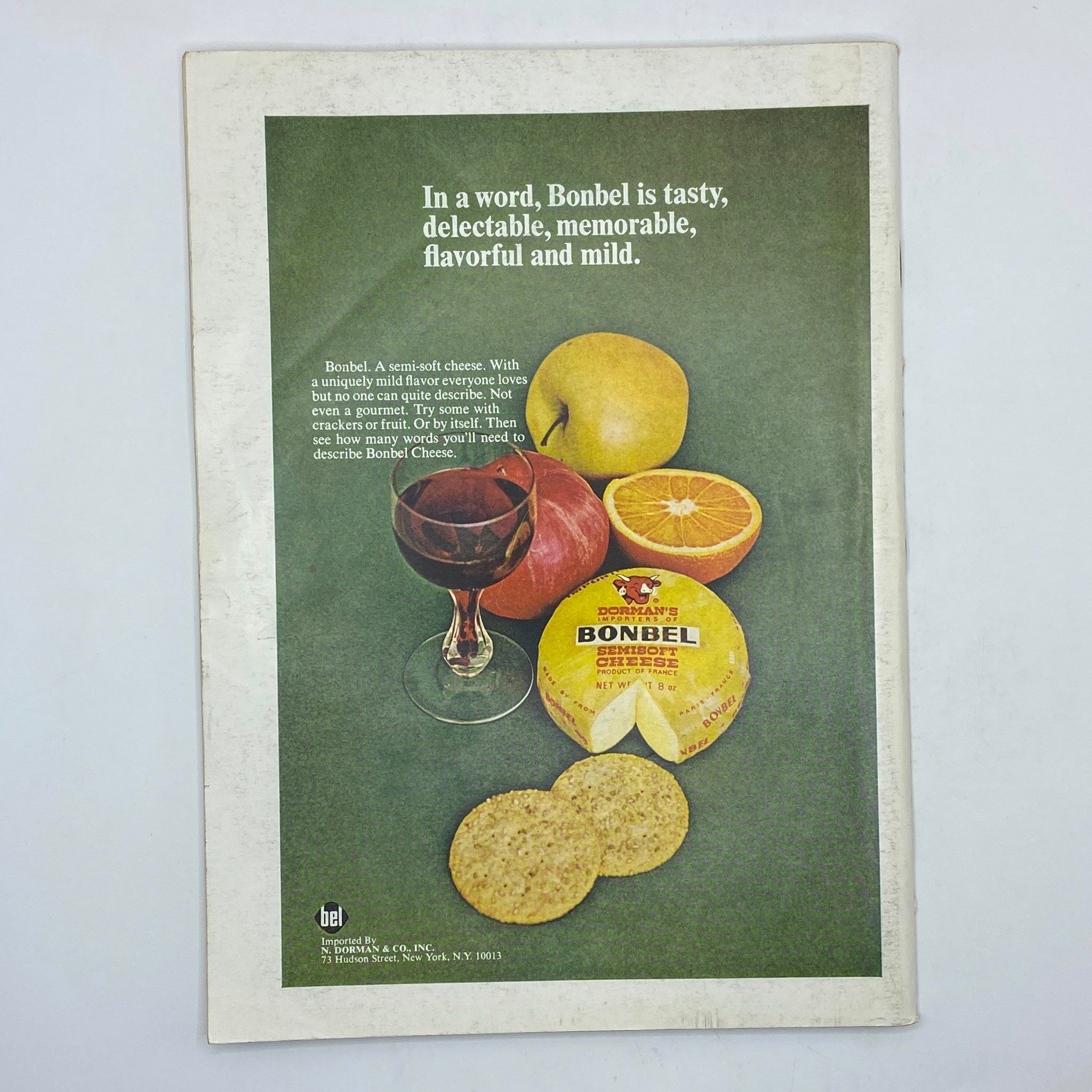Back cover advertisement from The New Yorker magazine, May 16, 1970, promoting Bonbel cheese with images of fruit and cheese, emphasizing its unique flavor.