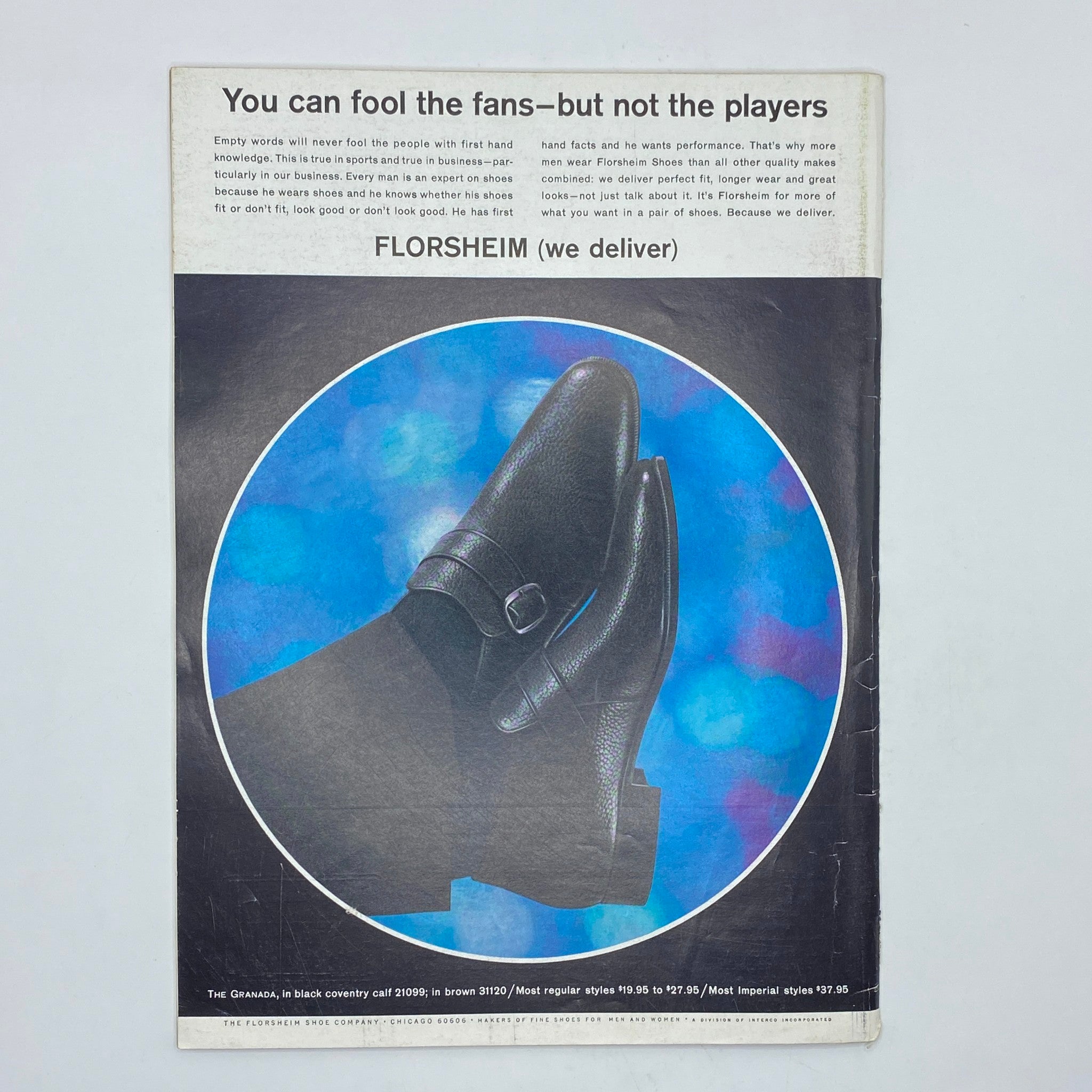Back cover of The New Yorker magazine promoting Florsheim shoes, highlighting a pair of stylish black shoes with an engaging advertising tagline.