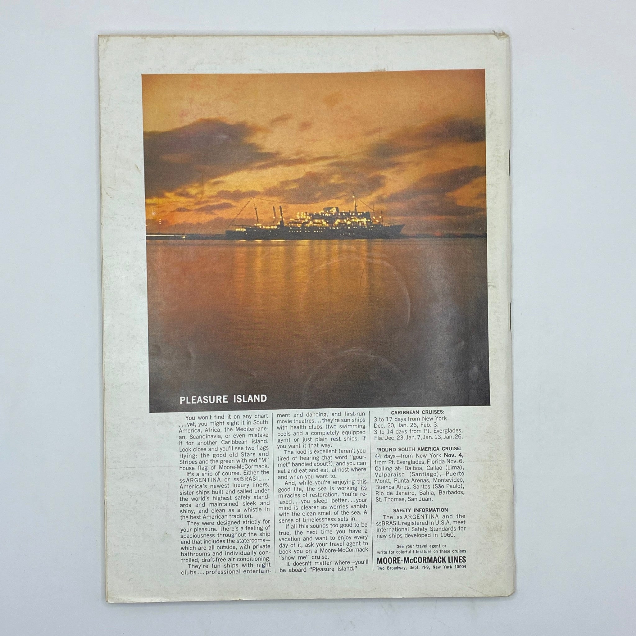 The back cover of The New Yorker Complete Magazine September 9, 1967 showcasing an advertisement for Pleasure Island featuring a cruise ship at sunset.