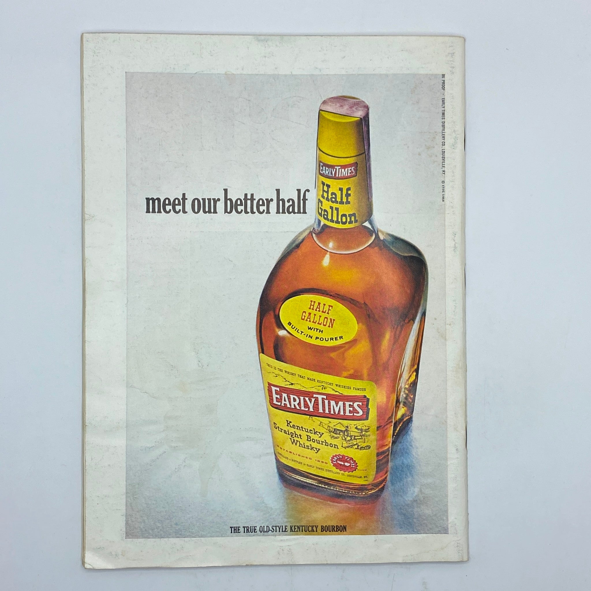 Advertisement for Early Times Kentucky Straight Bourbon Whiskey featured in The New Yorker Complete Magazine August 17, 1968, promoting the half-gallon bottle.