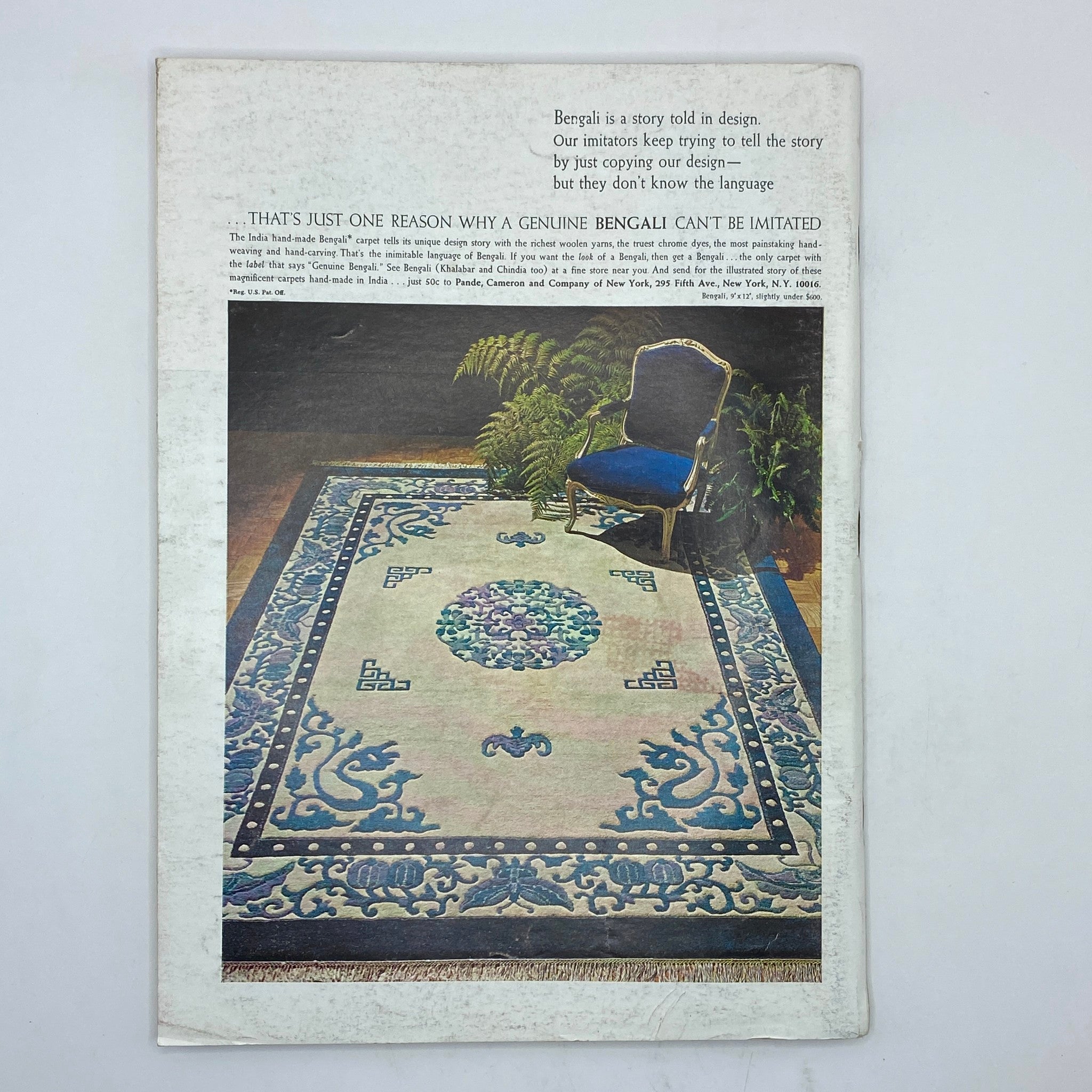 Back cover of The New Yorker magazine, September 28, 1968, showcasing an advertisement for hand-made Bengali carpets with a stylish chair.