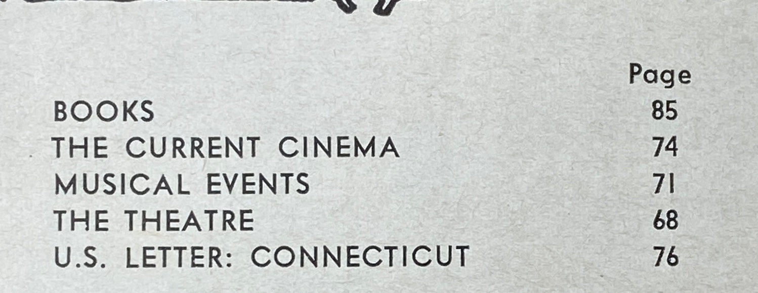 Interior page of The New Yorker Complete Magazine January 6, 1968 listing notable sections including books, current cinema, musical events, theatre, and Connecticut letter with corresponding page numbers.