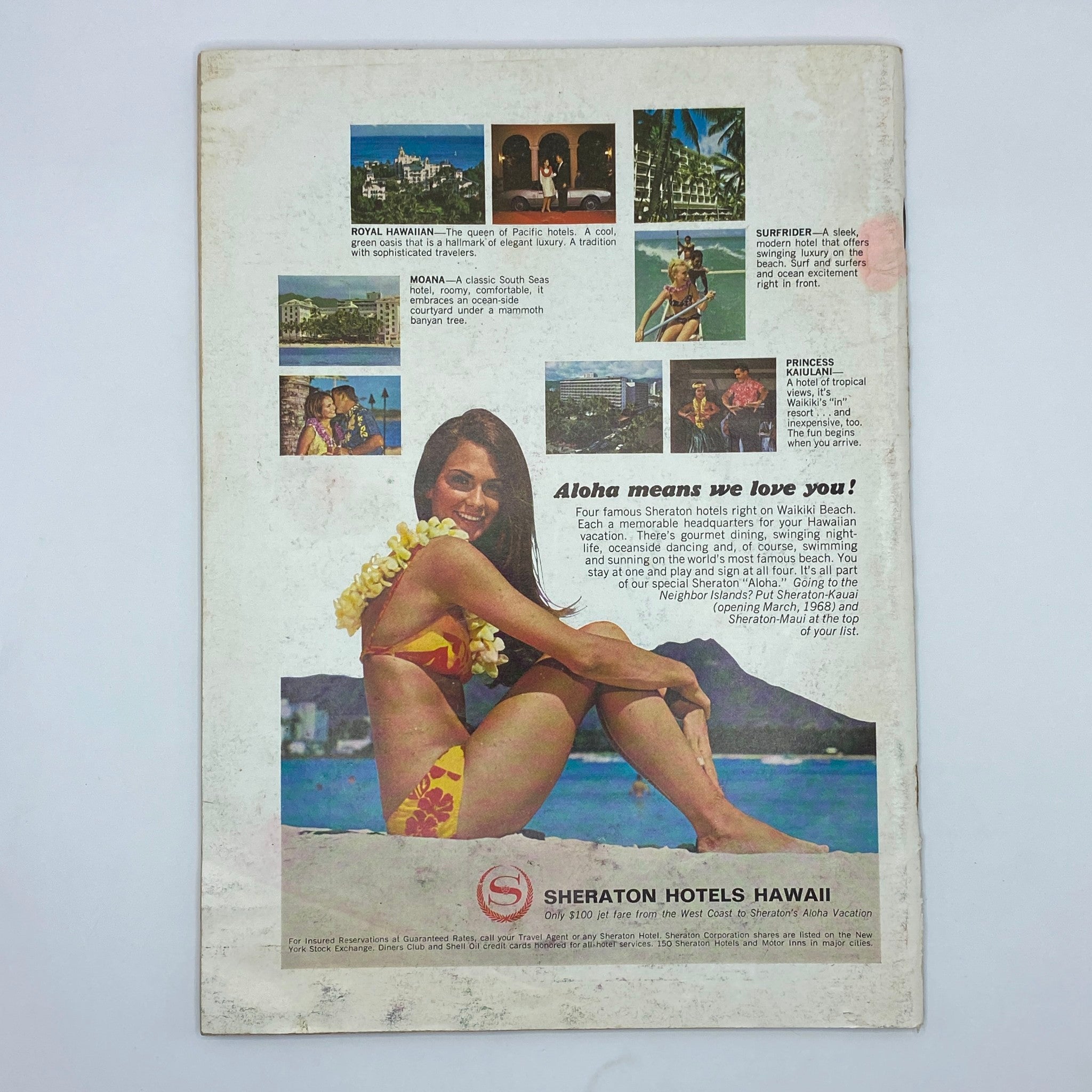 Back cover of The New Yorker Complete Magazine January 6, 1968 featuring an advertisement for Sheraton Hotels Hawaii, showcasing a model in a bikini at the beach with Hawaiian scenery, highlighting vacation offers.