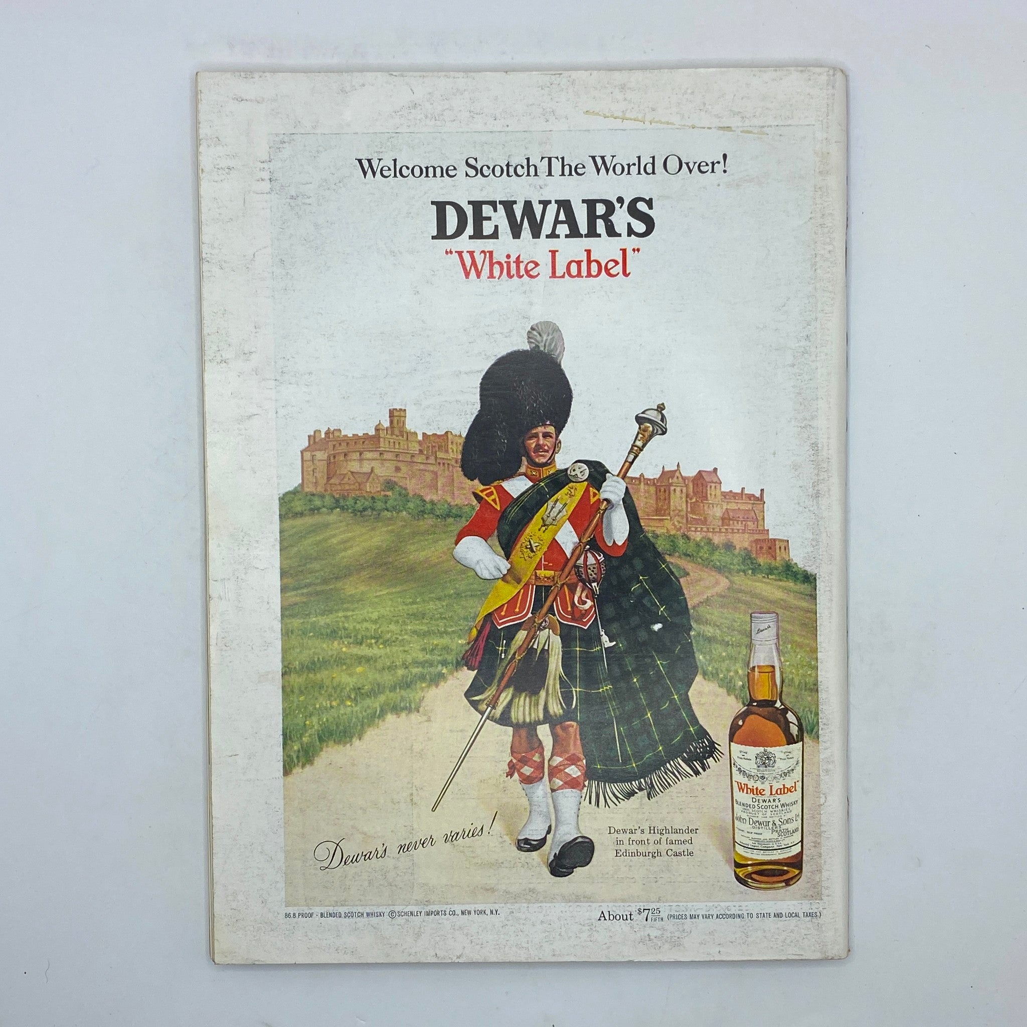 Advertisement for Dewar's White Label Scotch whiskey, showcasing a highlander in traditional dress in front of Edinburgh Castle, featured in The New Yorker magazine from November 2, 1968.