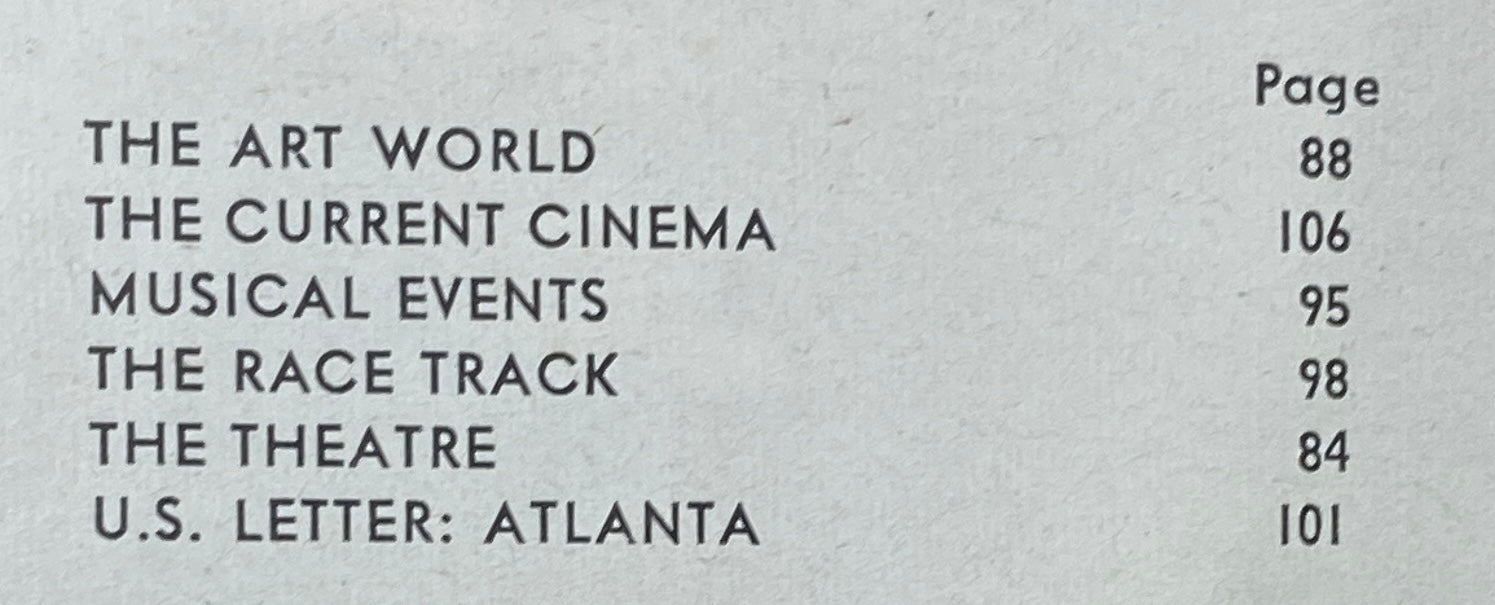 Table of contents from The New Yorker magazine January 27, 1968, listing articles including The Art World on page 88, The Current Cinema on page 106, and U.S. Letter: Atlanta on page 101.