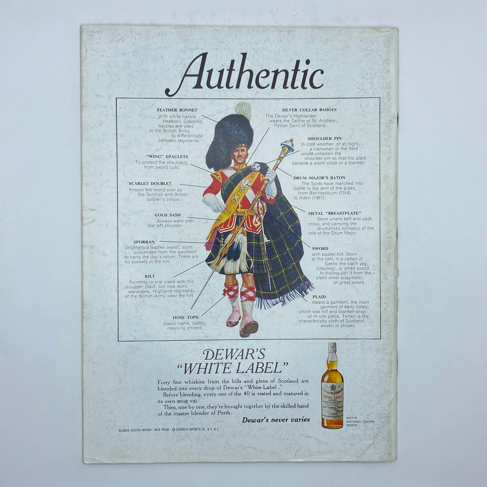 Back cover illustration of The New Yorker Complete Magazine May 31, 1969, featuring a detailed depiction of a Scottish highlander and a Dewar's White Label whisky advertisement.