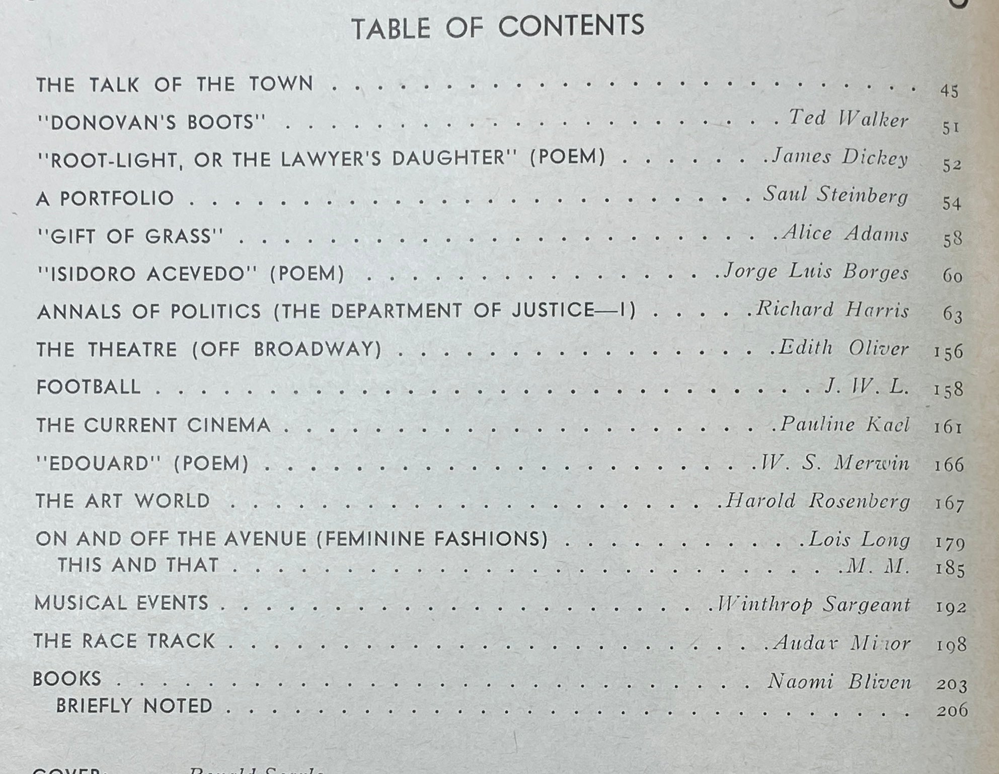 Table of contents from The New Yorker Complete Magazine November 8, 1969, listing articles, poems, and contributions along with page numbers.