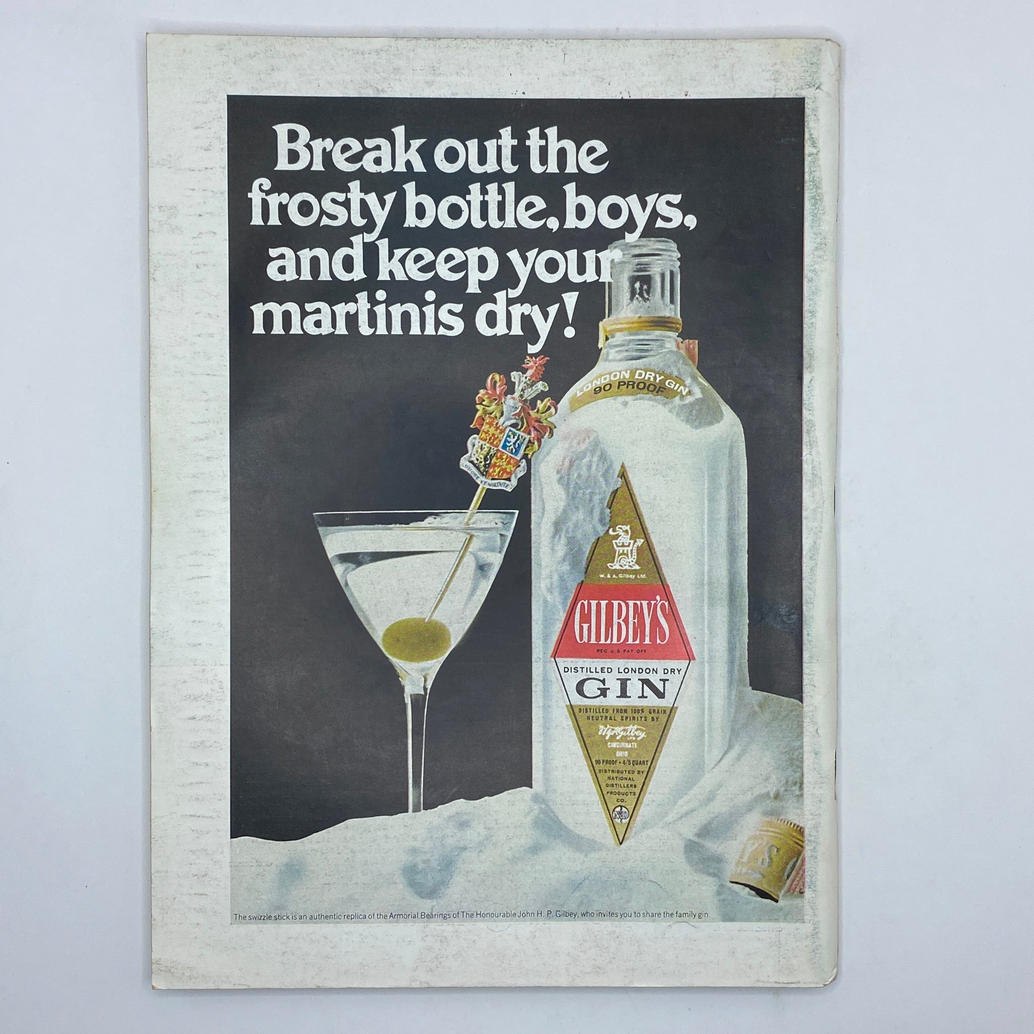 Back cover of The New Yorker Complete Magazine November 8, 1969, featuring an advertisement for Gilbey's Gin, encouraging readers to break out the frosty bottle for martinis.