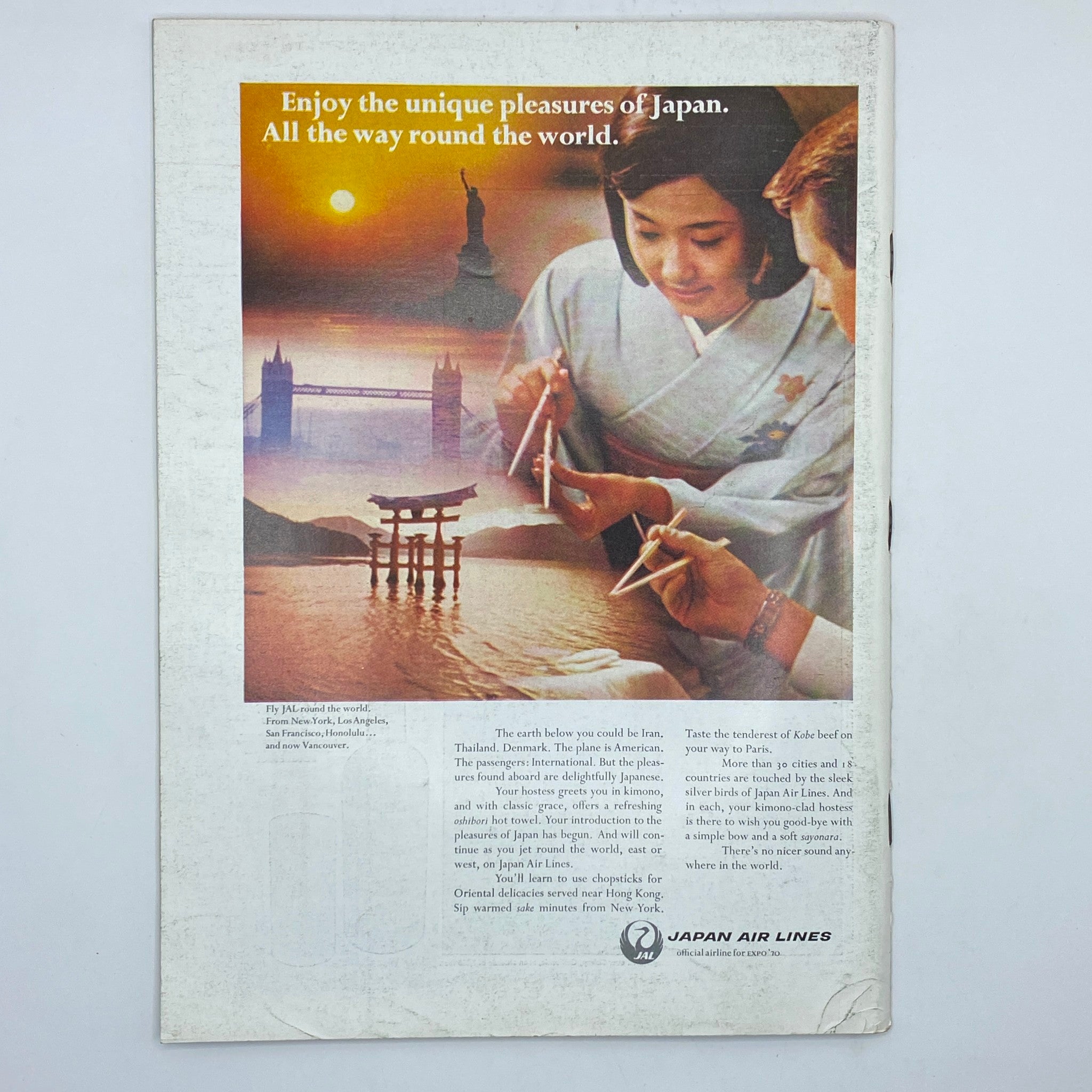 Back cover of The New Yorker magazine, January 25, 1969, featuring an advertisement for Japan Air Lines showcasing the unique pleasures of Japan.