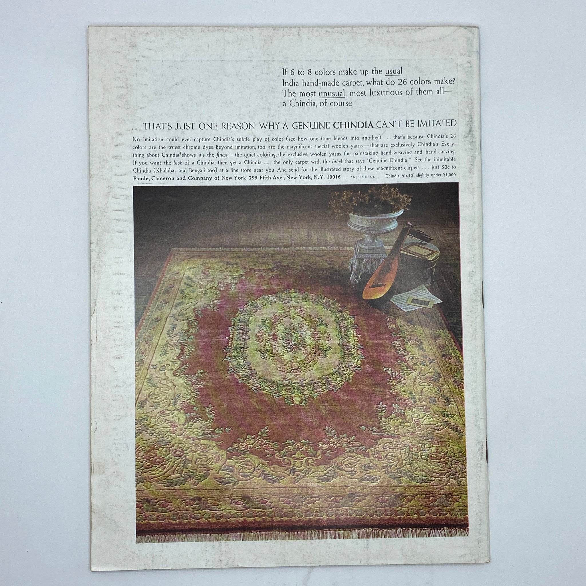 Advertisement from The New Yorker magazine January 18, 1969, promoting a luxurious Chindia carpet with a vibrant design, showcasing a living room setting.