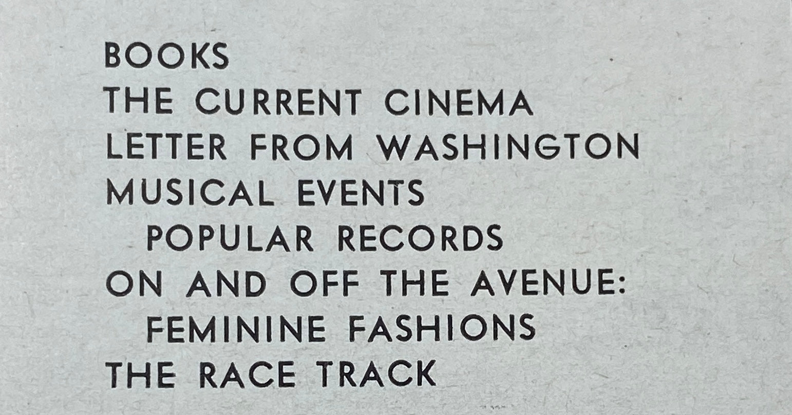 Back cover of The New Yorker Complete Magazine March 1, 1969 listing article topics including 'Books', 'The Current Cinema', 'Letter from Washington', 'Musical Events', 'Popular Records', 'On and Off the Avenue: Feminine Fashions', and 'The Race Track'.