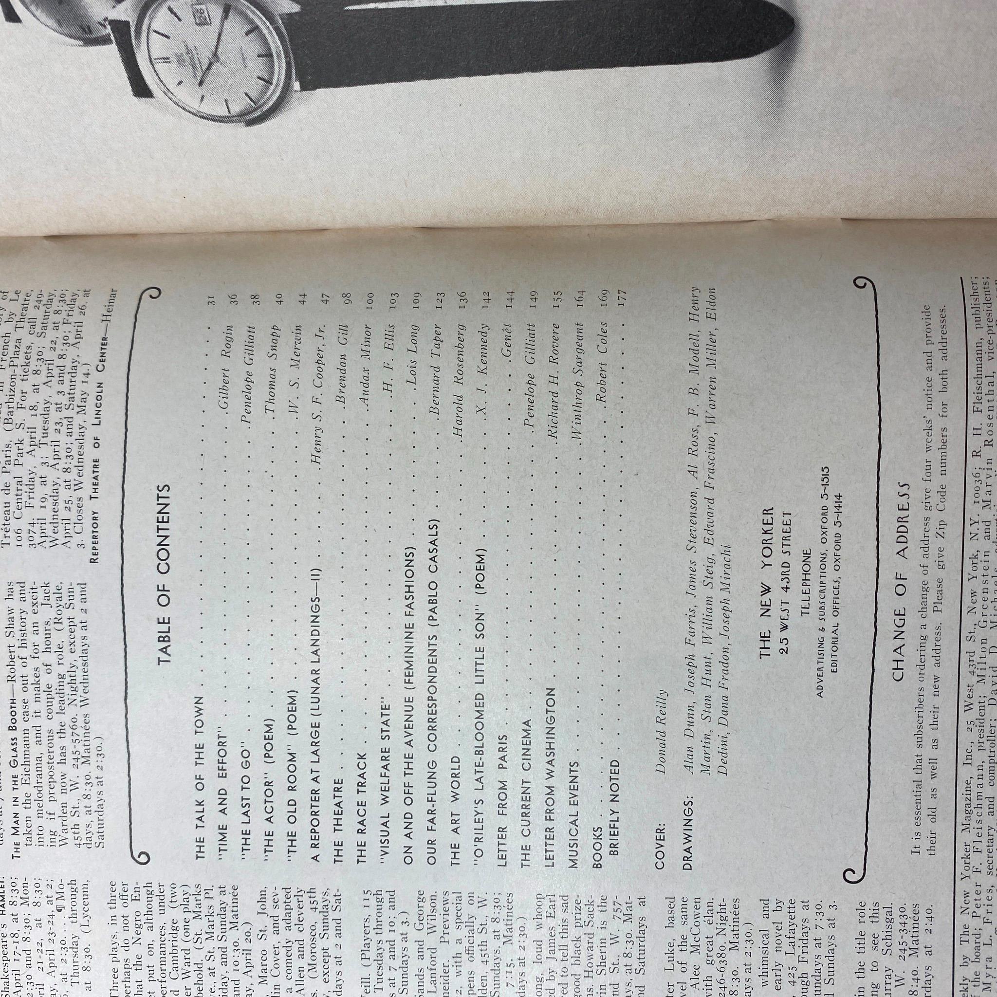Interior page of The New Yorker April 19, 1969 displaying the table of contents, showcasing articles and features of that era.