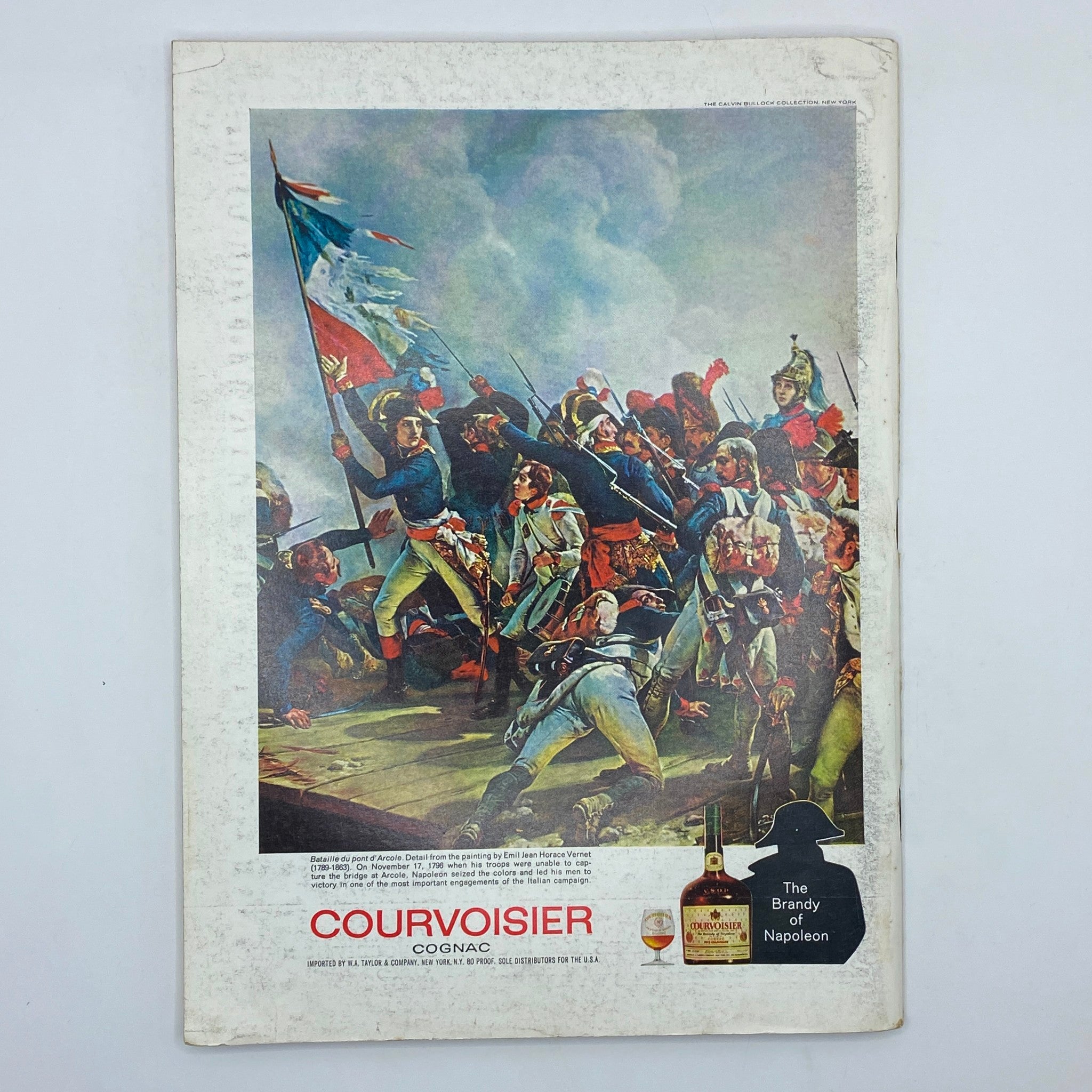 Vintage advertisement for Courvoisier Cognac featuring a historical painting, reminiscent of a battle scene, featured in The New Yorker Complete Magazine April 19, 1969.