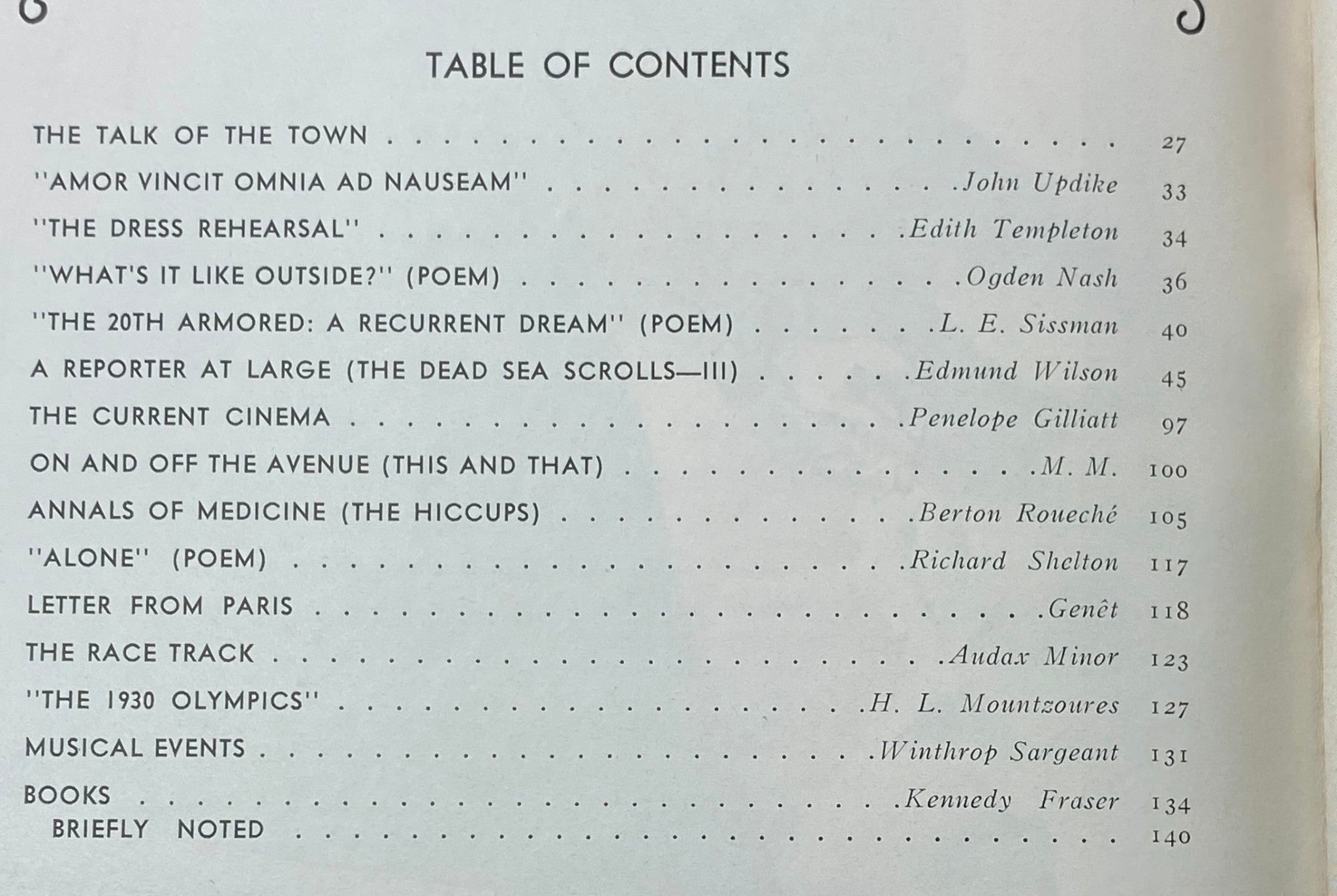 Table of contents page from The New Yorker magazine, dated April 5, 1969, featuring various literary works including 'Amor Vincit Omnia ad Nauseam' by John Updike and others, showcasing vintage magazine design.