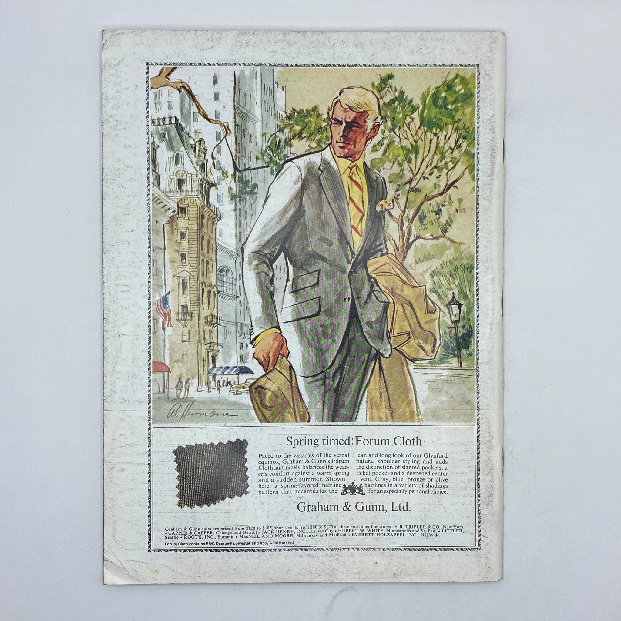 Back cover of The New Yorker magazine from April 5, 1969, featuring an illustration of a man in a stylish suit, advertising Graham & Gunn clothing, highlighting classic fashion in vintage magazine style.